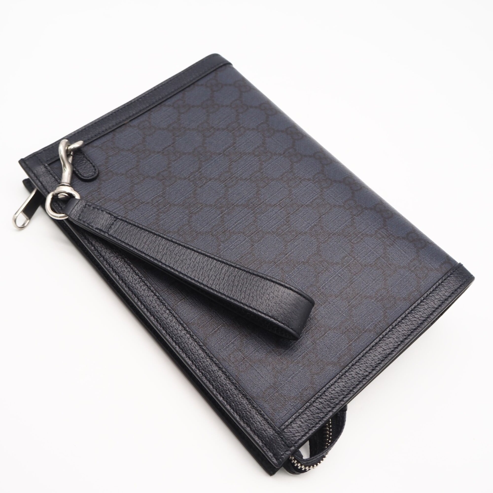 Gucci Navy Coated Canvas Leather Clutch Bag (Pre-Owned)