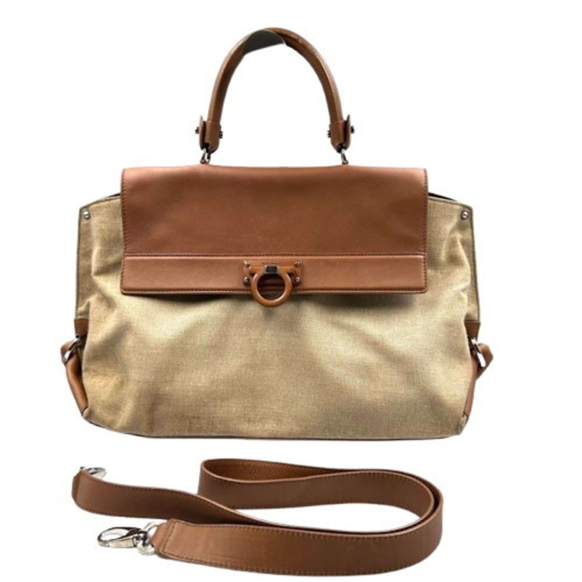 Salvatore Ferragamo Beige Brown Canvas Leather Handbag (Pre-Owned)