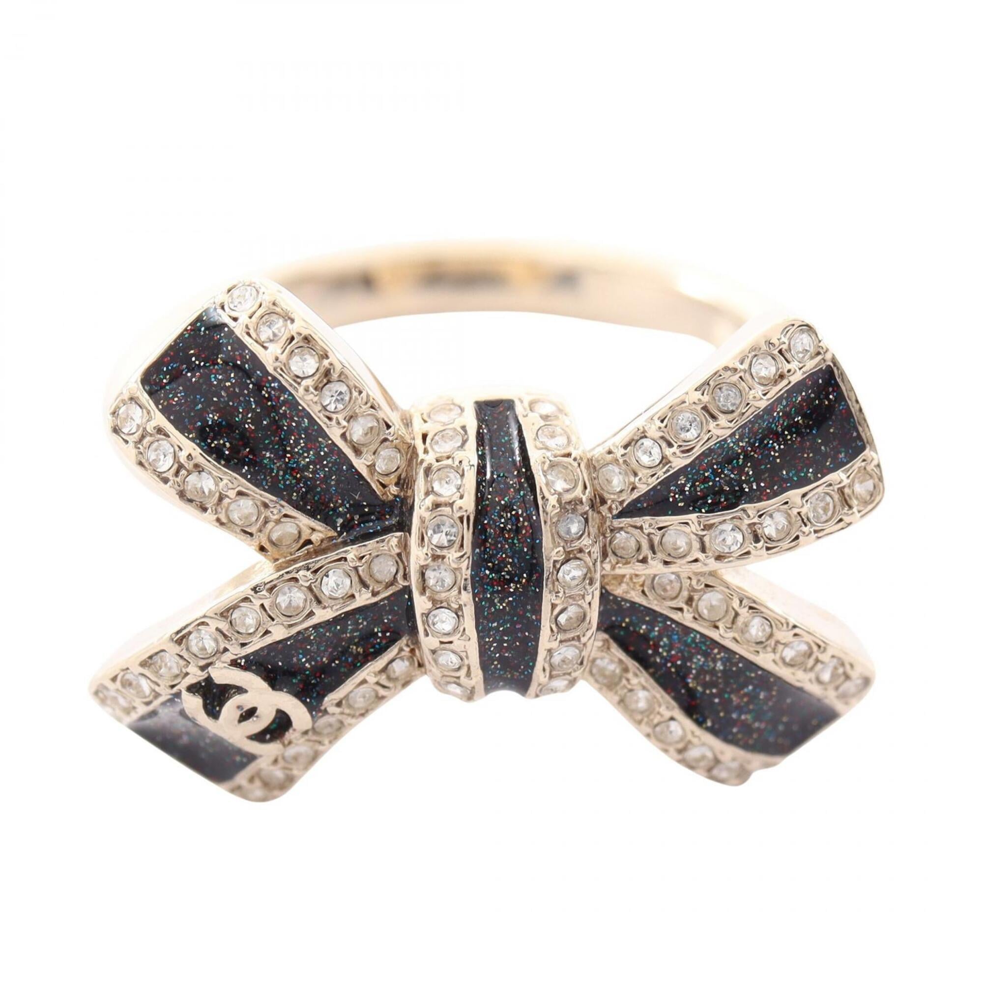 Chanel Black Gold Plating Rhinestone Band Ring (Pre-Owned)