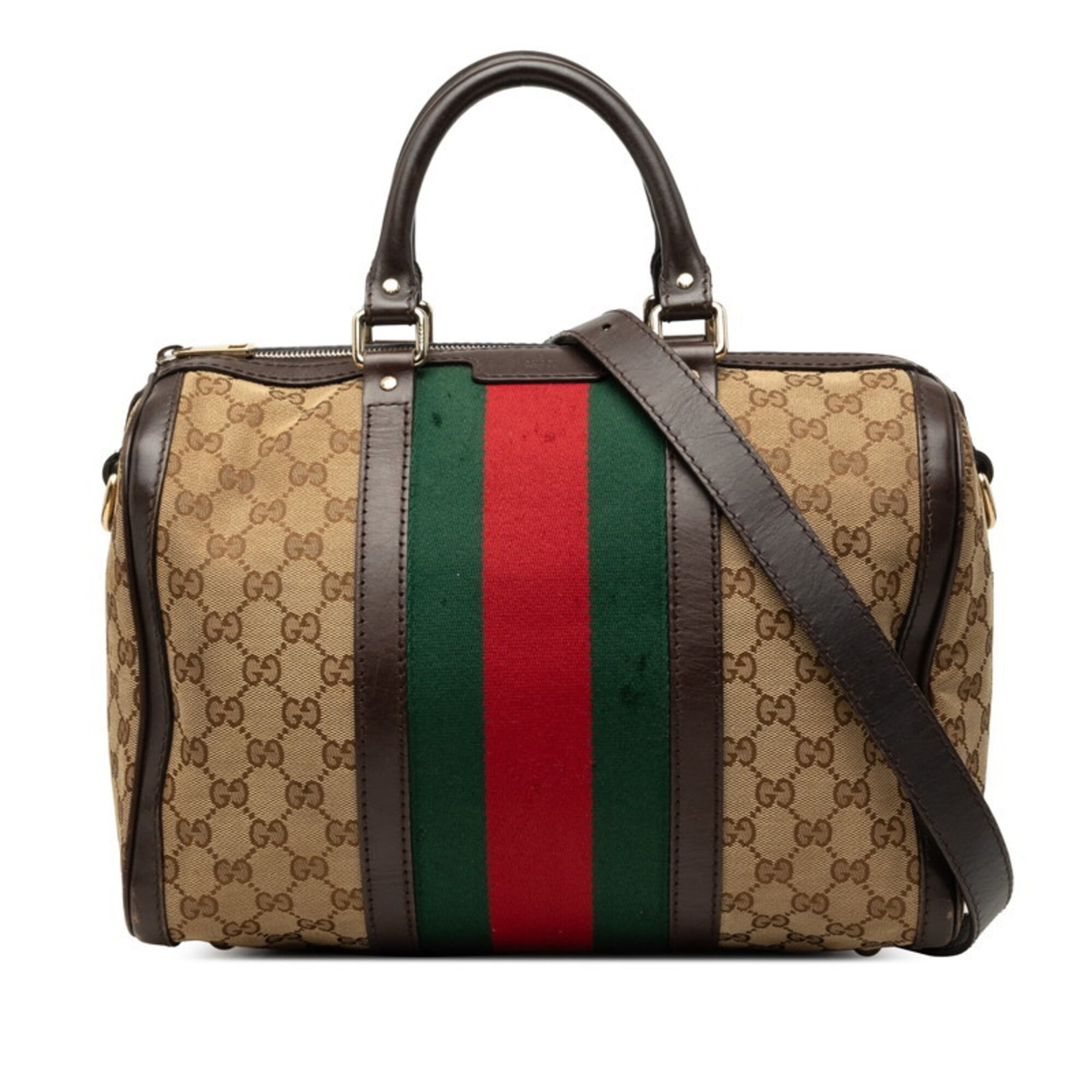 Gucci Beige Brown Canvas Leather Boston Bag Handbag Shoulder Bag (Pre-Owned)