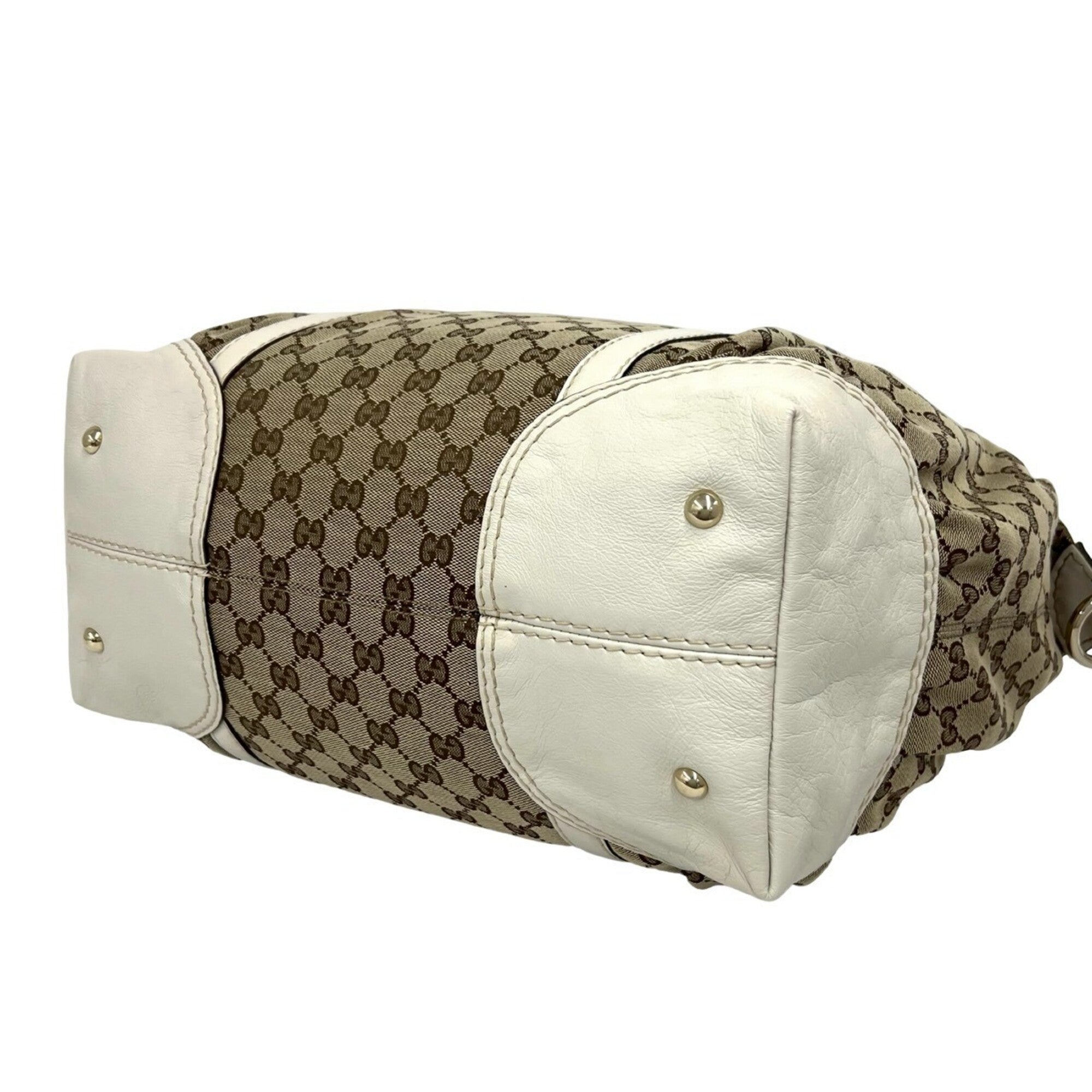 Gucci Brown White Canvas Leather Boston Bag Handbag (Pre-Owned)