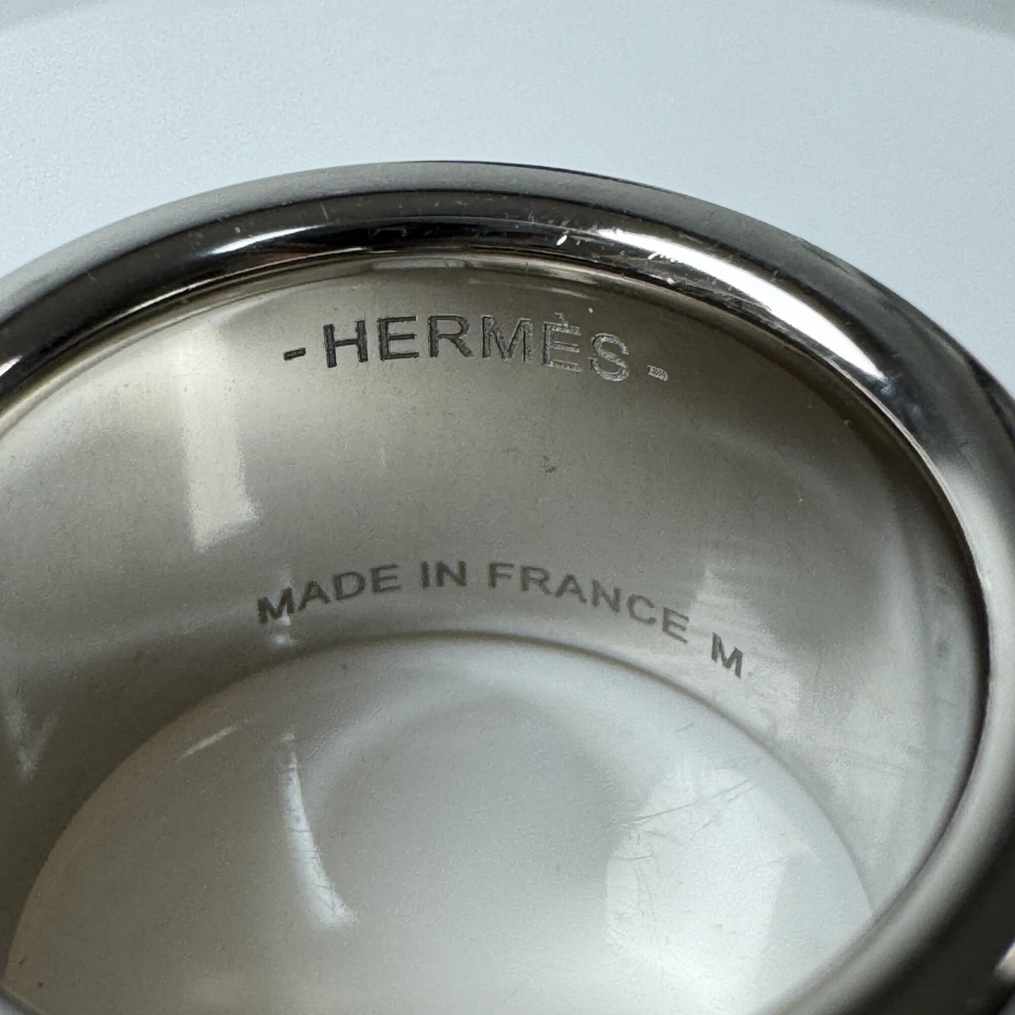 Hermes Silver Black Leather Metal Band Ring (Pre-Owned)