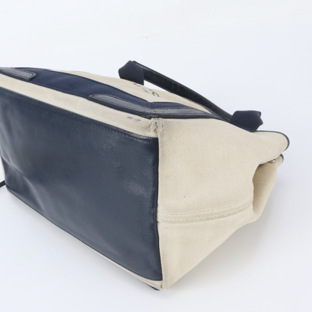 Balenciaga Beige Navy Leather Canvas Handbag Pouch Shoulder Bag Tote Bag (Pre-Owned)