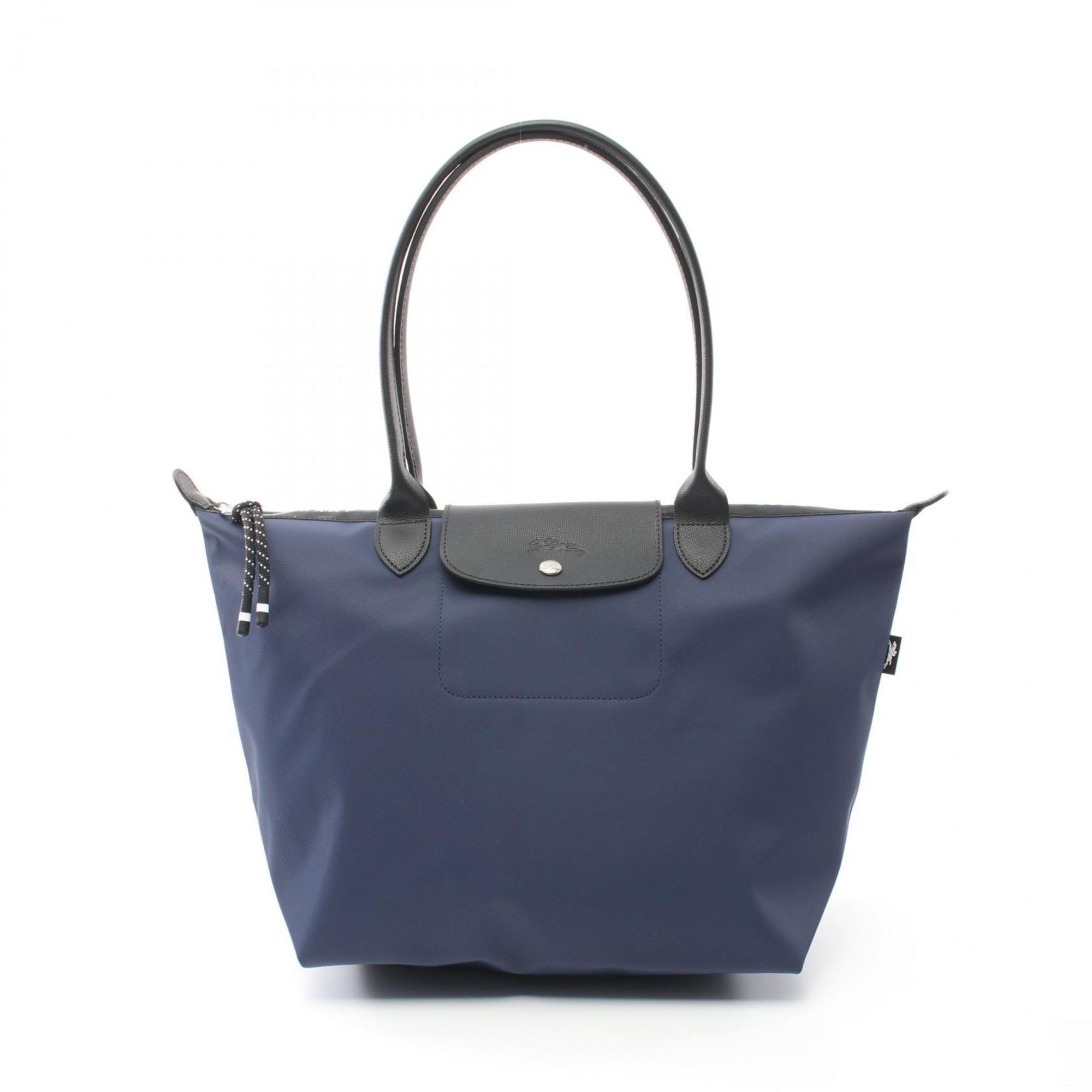 Longchamp Black Navy Nylon Leather Tote Bag (Pre-Owned)