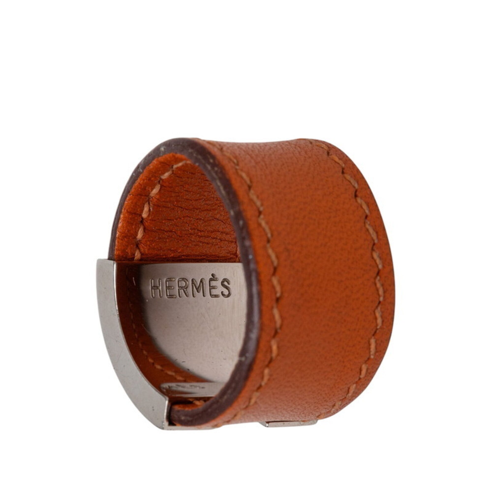 Hermes Silver Orange Leather Metal Band Ring (Pre-Owned)
