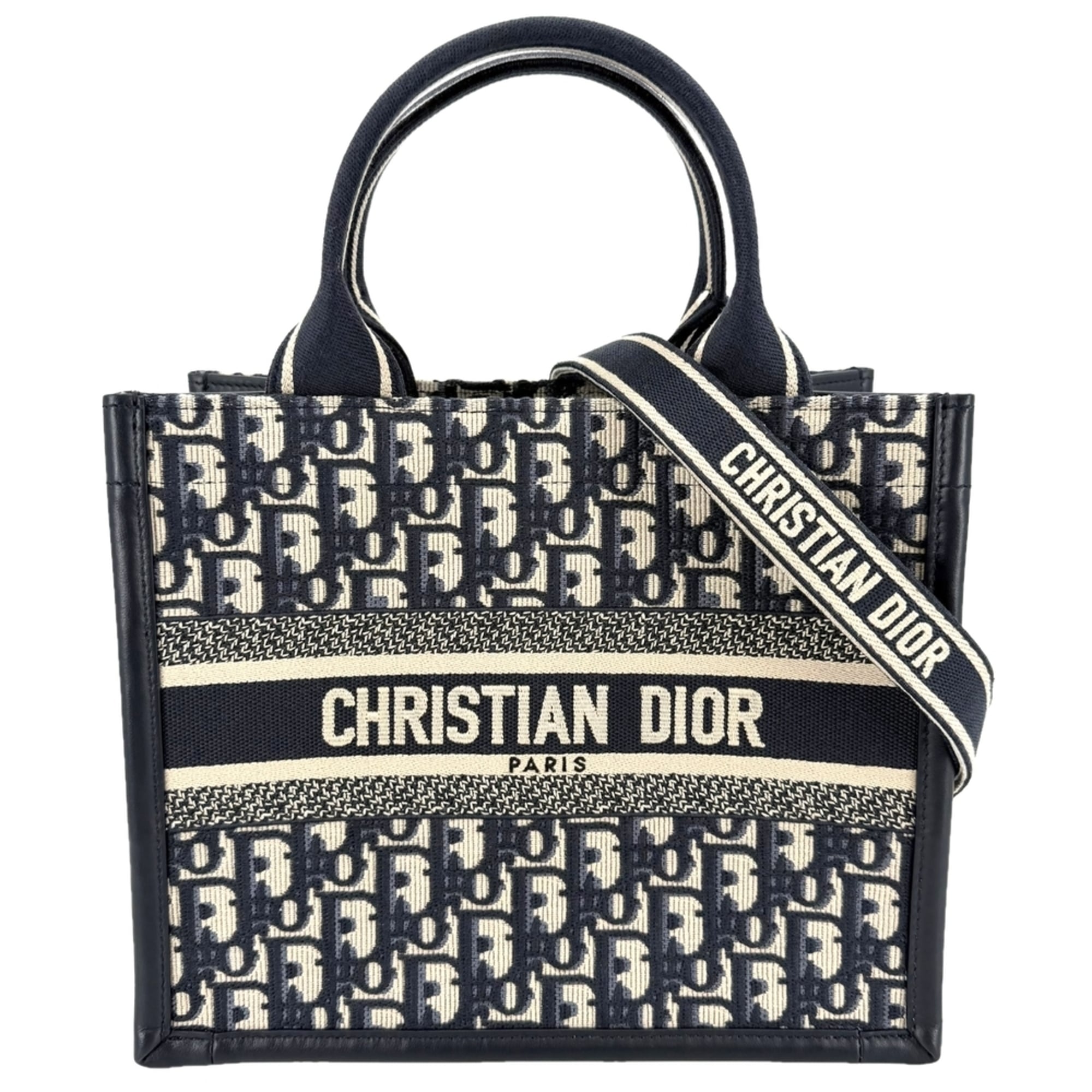 Christian Dior Beige Navy Cotton Canvas Leather Shoulder Bag Tote Bag (Pre-Owned)