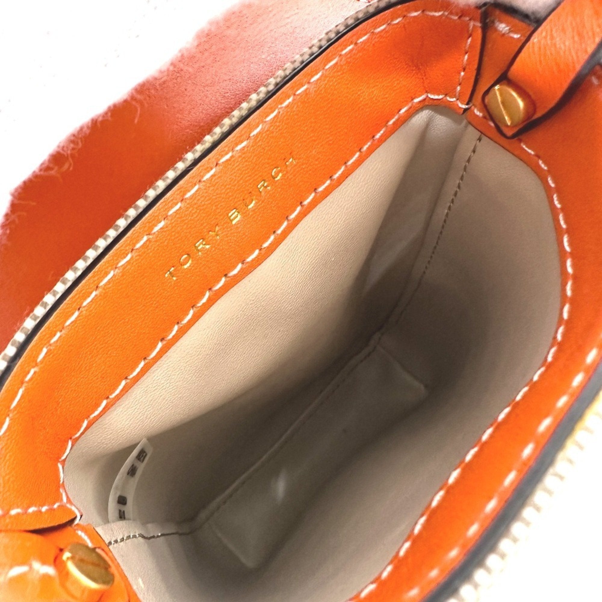Tory Burch Beige Orange Canvas Leather Pochette Shoulder Bag (Pre-Owned)