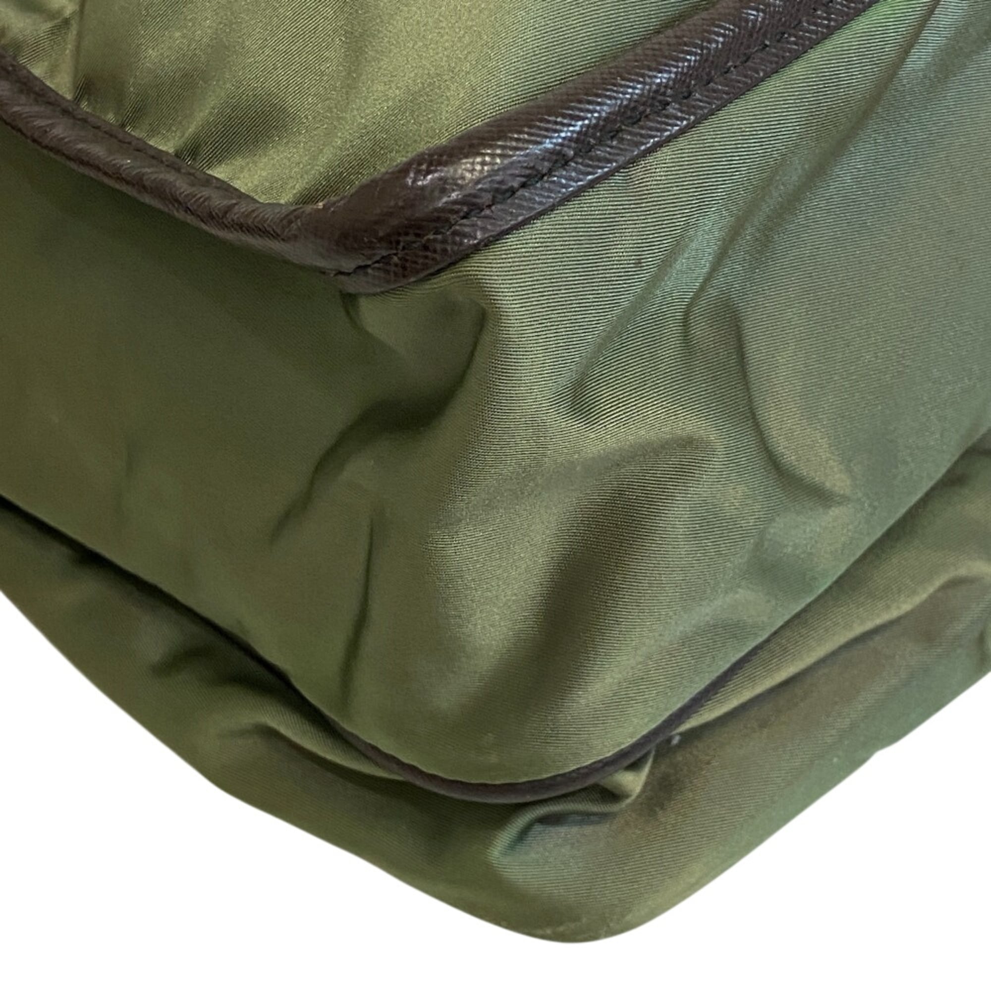 Prada Brown Green Nylon Leather Messenger Bag Shoulder Bag (Pre-Owned)