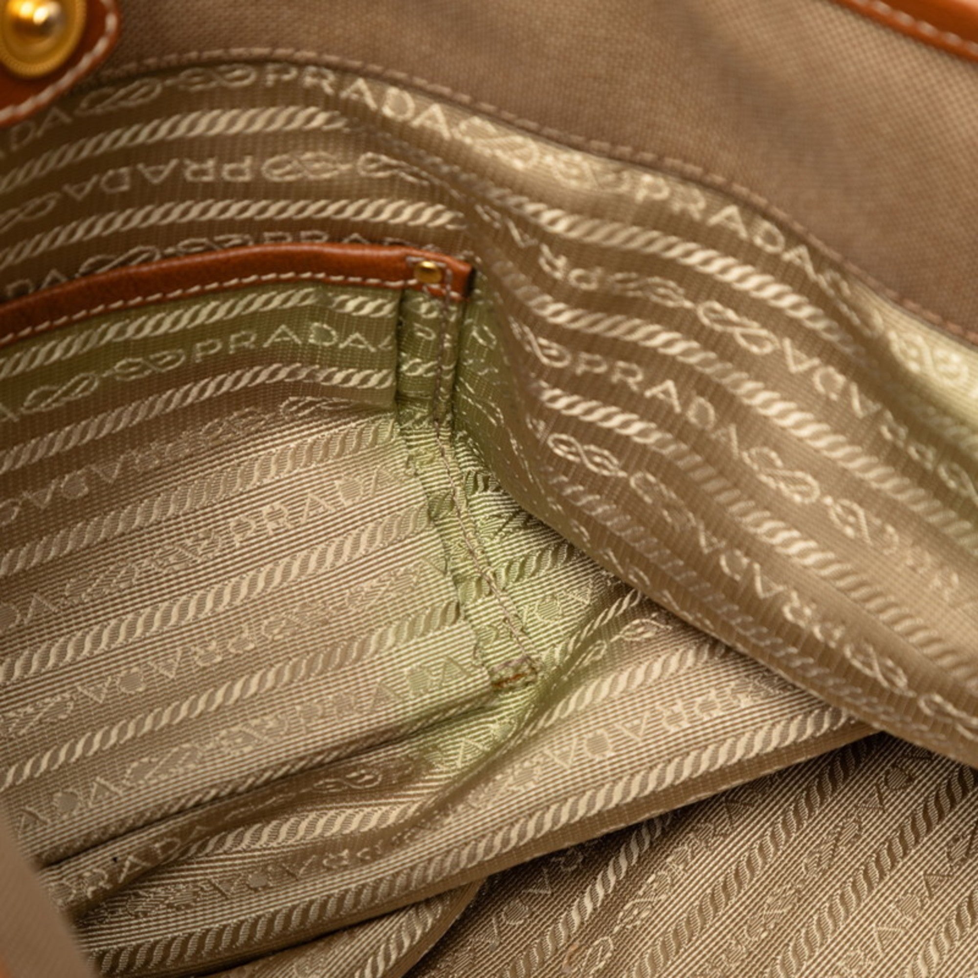 Prada Beige Brown Canvas Leather Shoulder Bag Tote Bag (Pre-Owned)