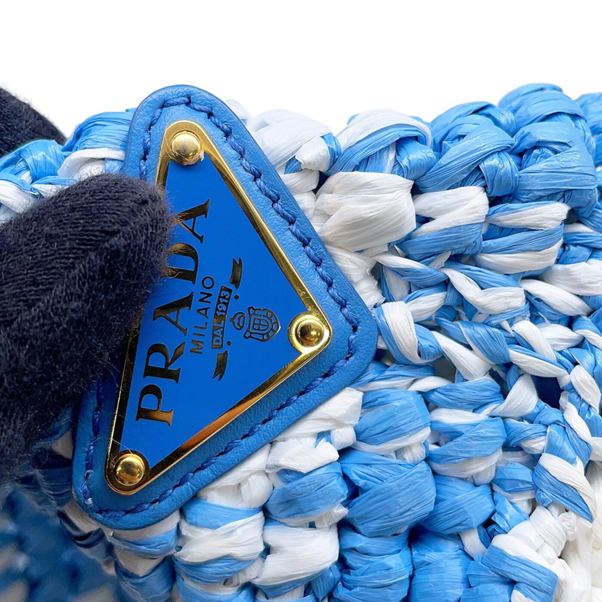 Prada Blue White Raffia Handbag Tote Bag (Pre-Owned)