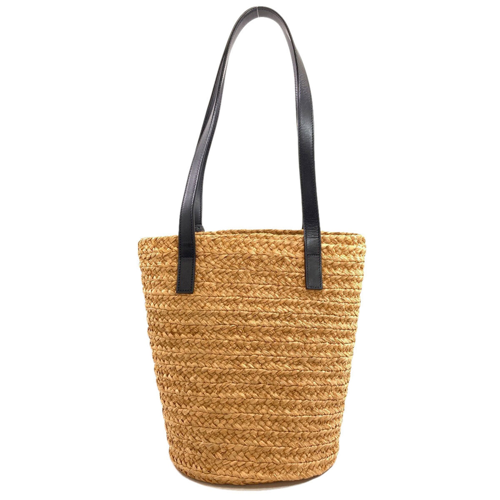 Yves Saint Laurent Black Brown Raffia Leather Tote Bag (Pre-Owned)