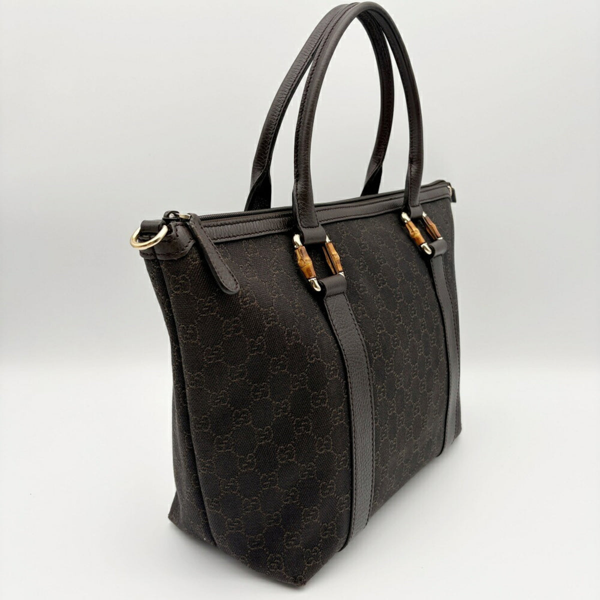 Gucci Dark Brown Canvas Bamboo Leather Tote Bag (Pre-Owned)