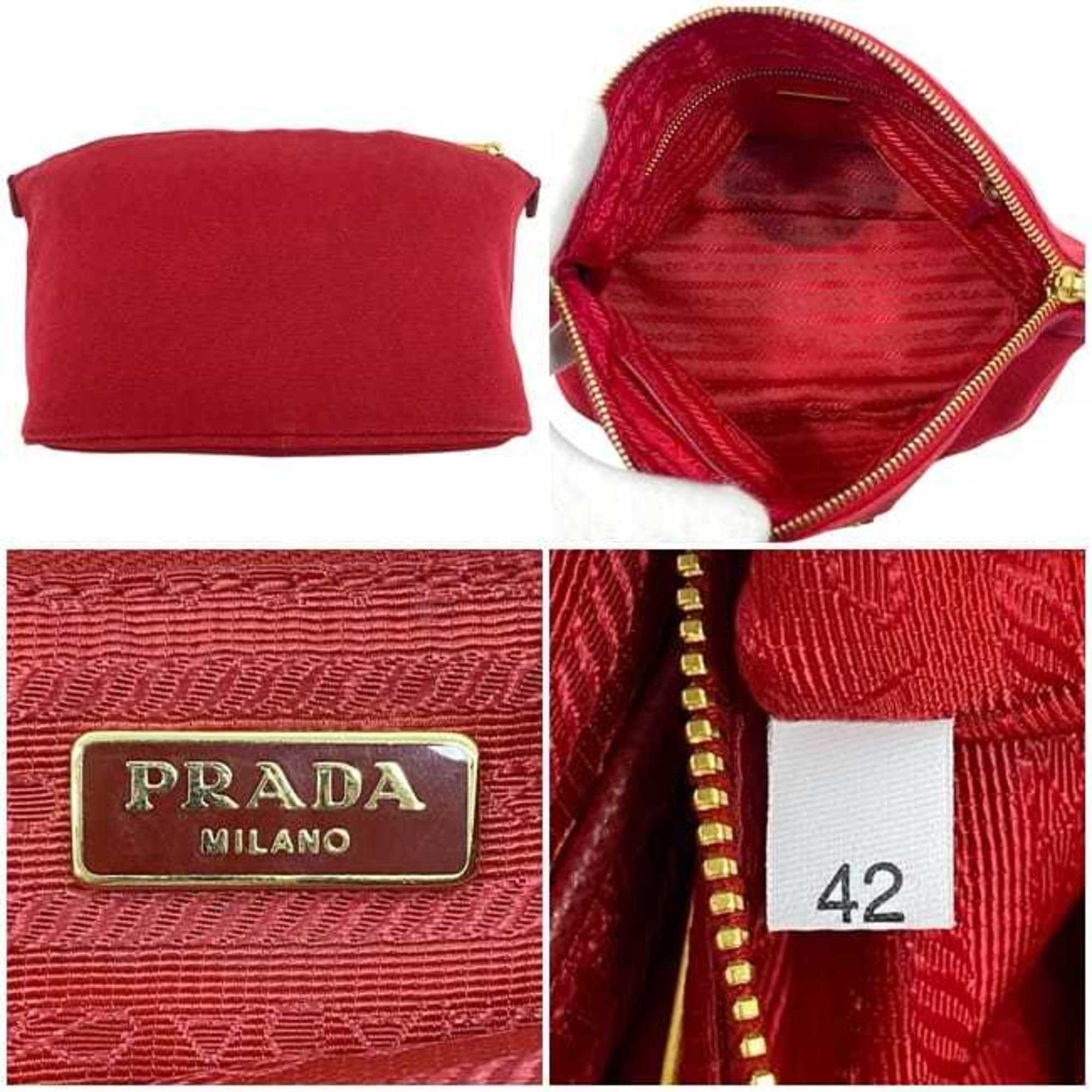 Prada Red Color Canvas Leather Pouch (Pre-Owned)