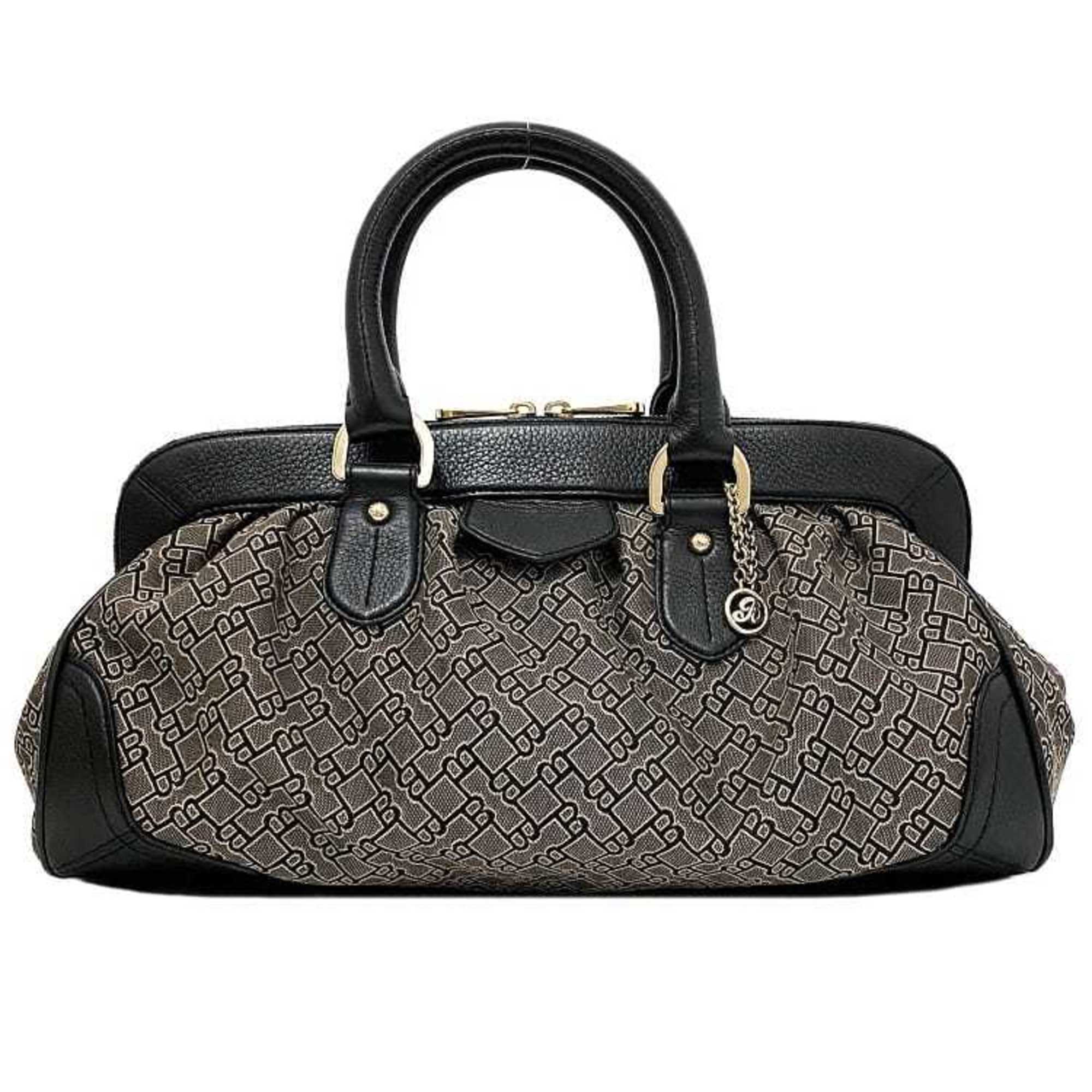 Bally Black Brown Gray Canvas Leather Boston Bag Handbag (Pre-Owned)