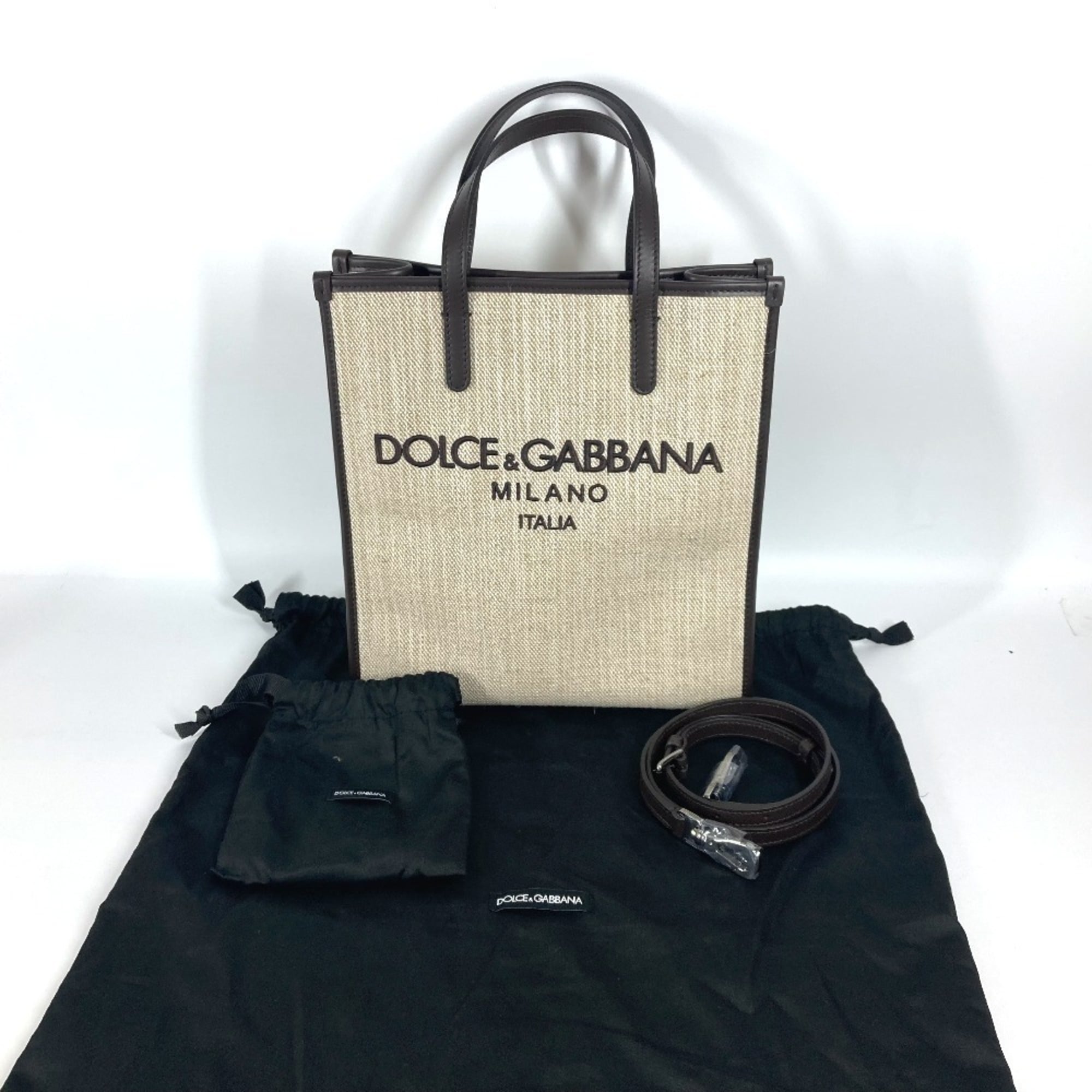 Dolce & Gabbana Beige Brown Canvas Leather Shoulder Bag Tote Bag (Pre-Owned)