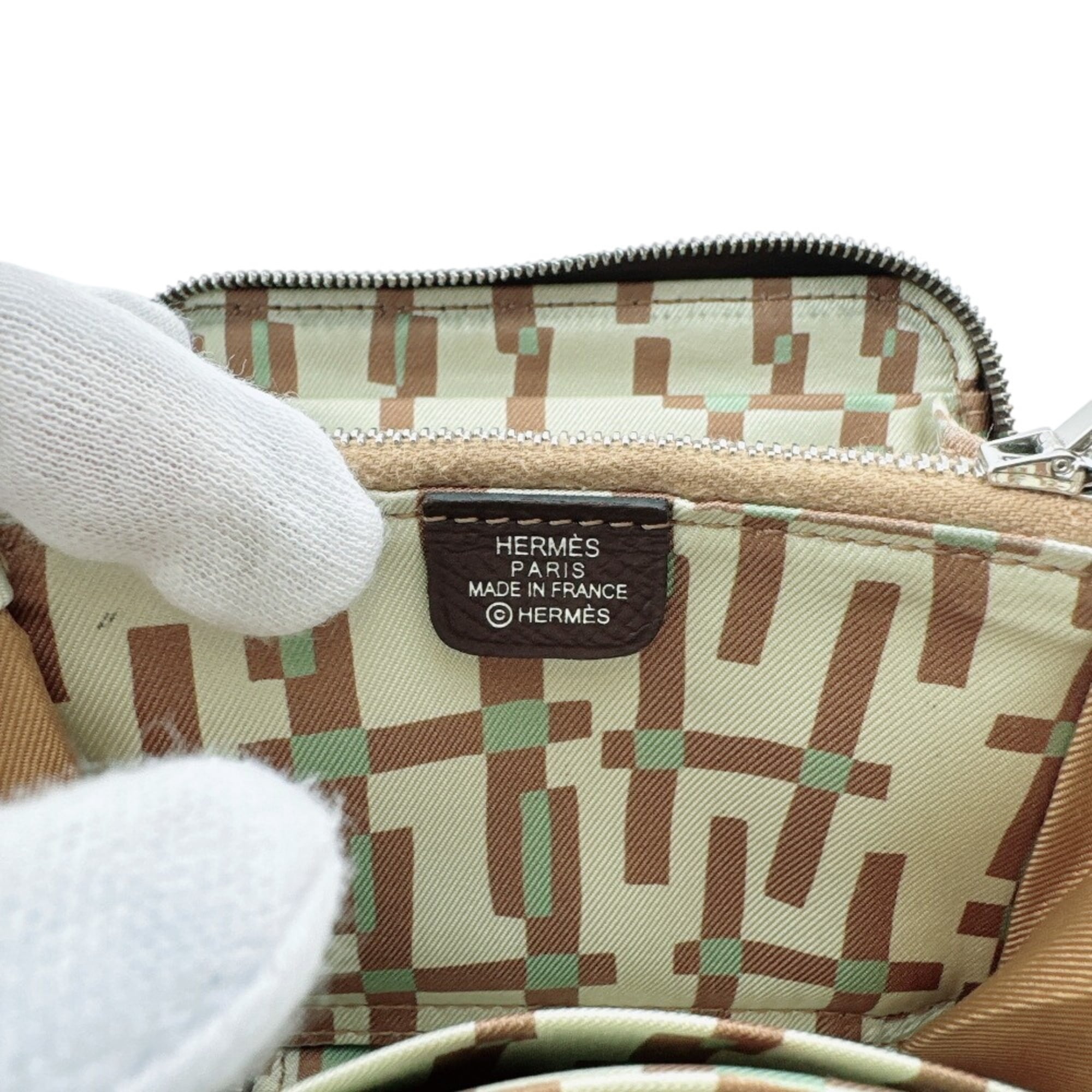 Hermes Azap Brown Leather Silk Coin Purse/Coin Case (Pre-Owned)