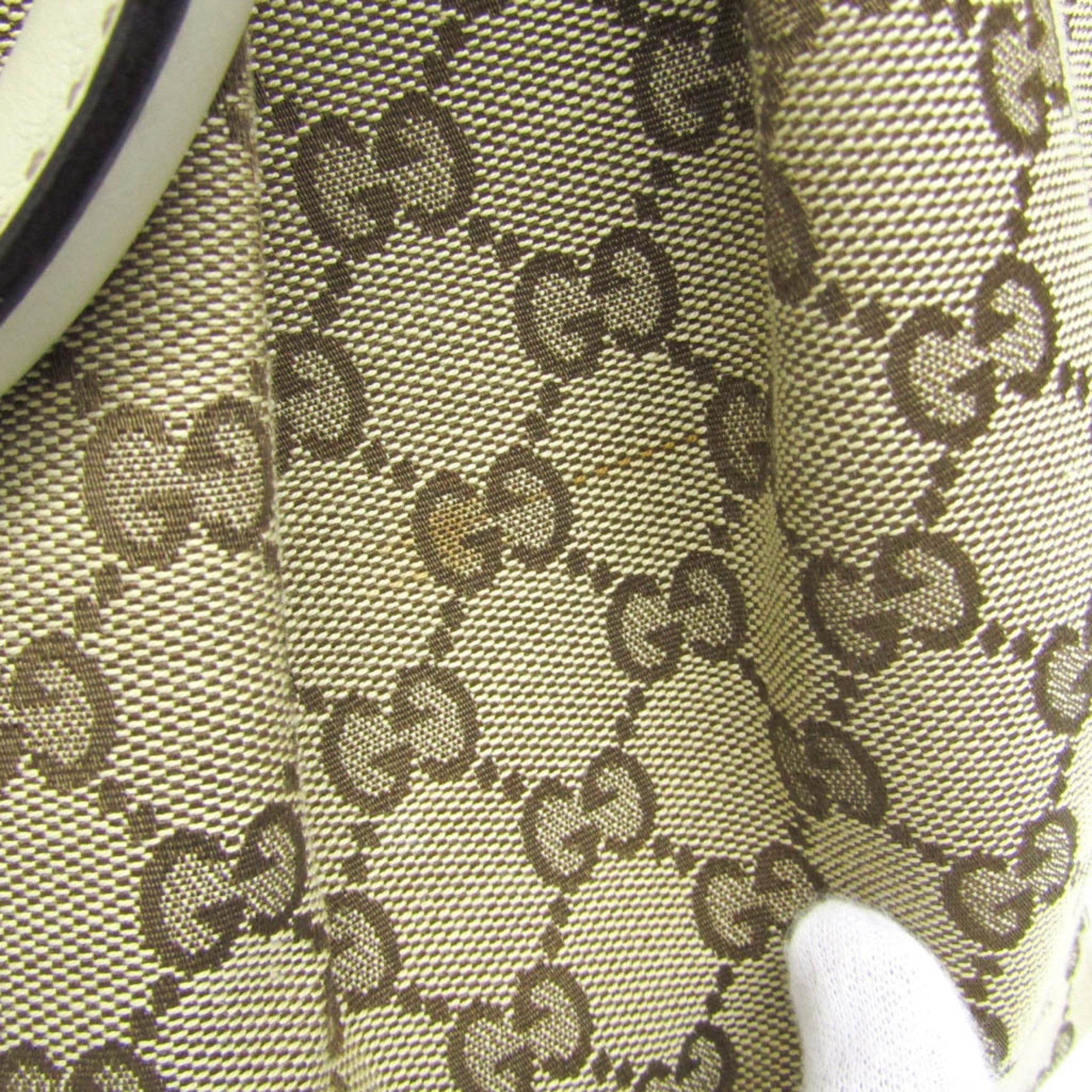 Gucci Beige Brown Cream Leather Canvas Handbag (Pre-Owned)