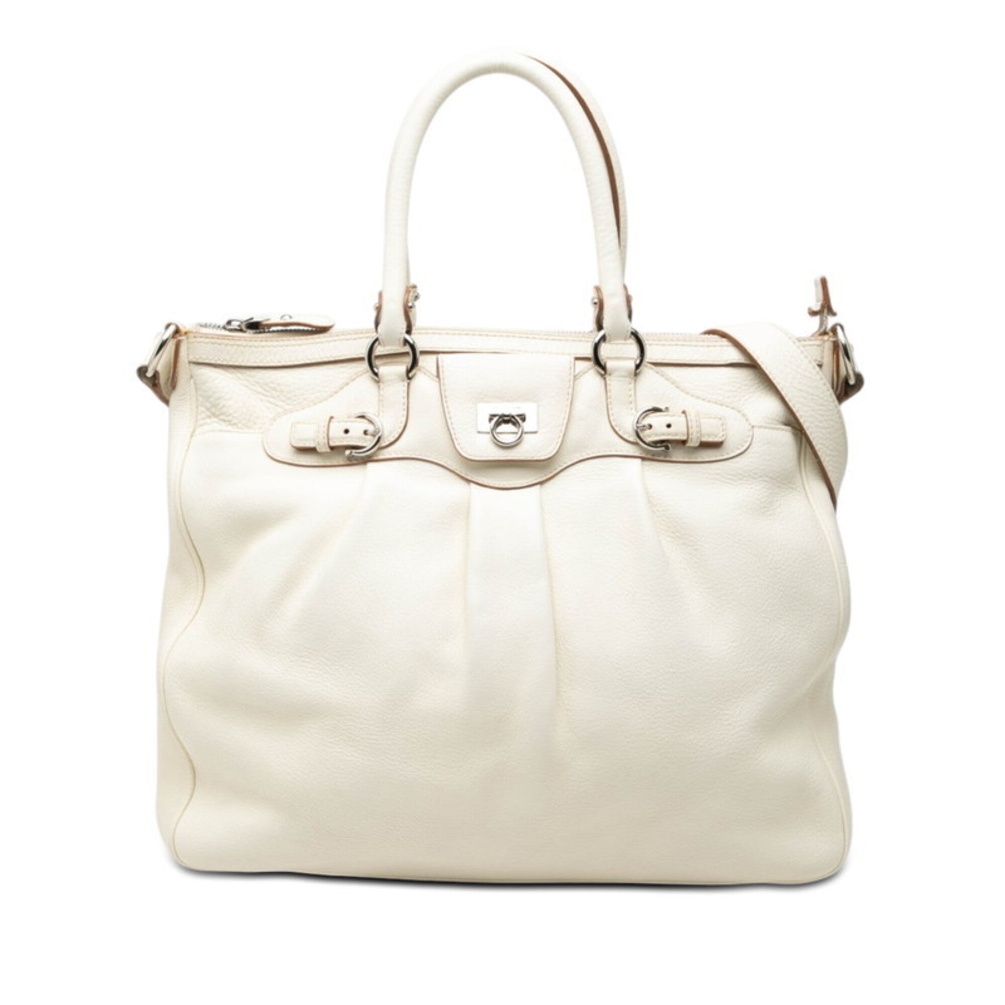 Salvatore Ferragamo Gancini White Leather Shoulder Bag Tote Bag (Pre-Owned)