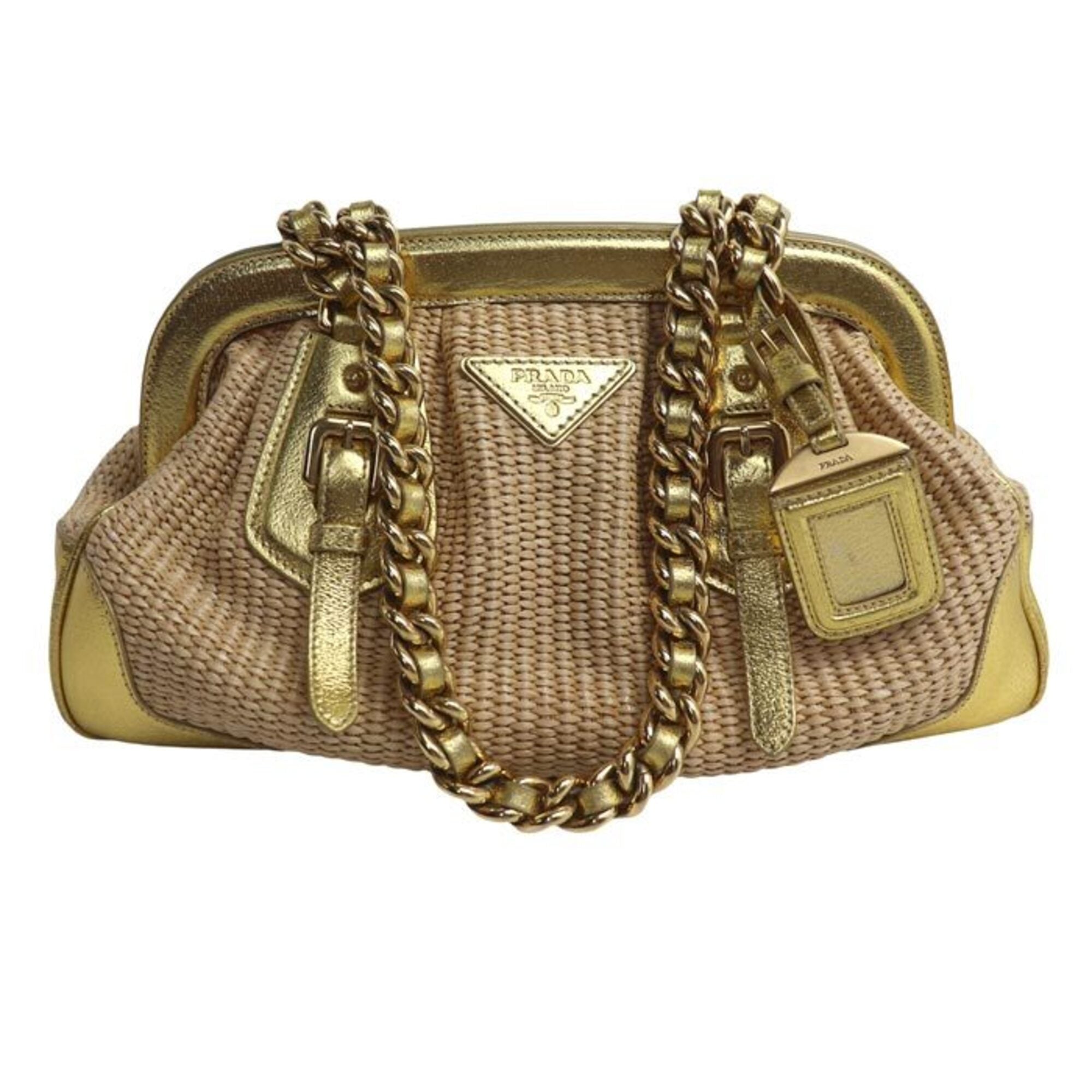 Prada Beige Gold Straw Leather Handbag (Pre-Owned)