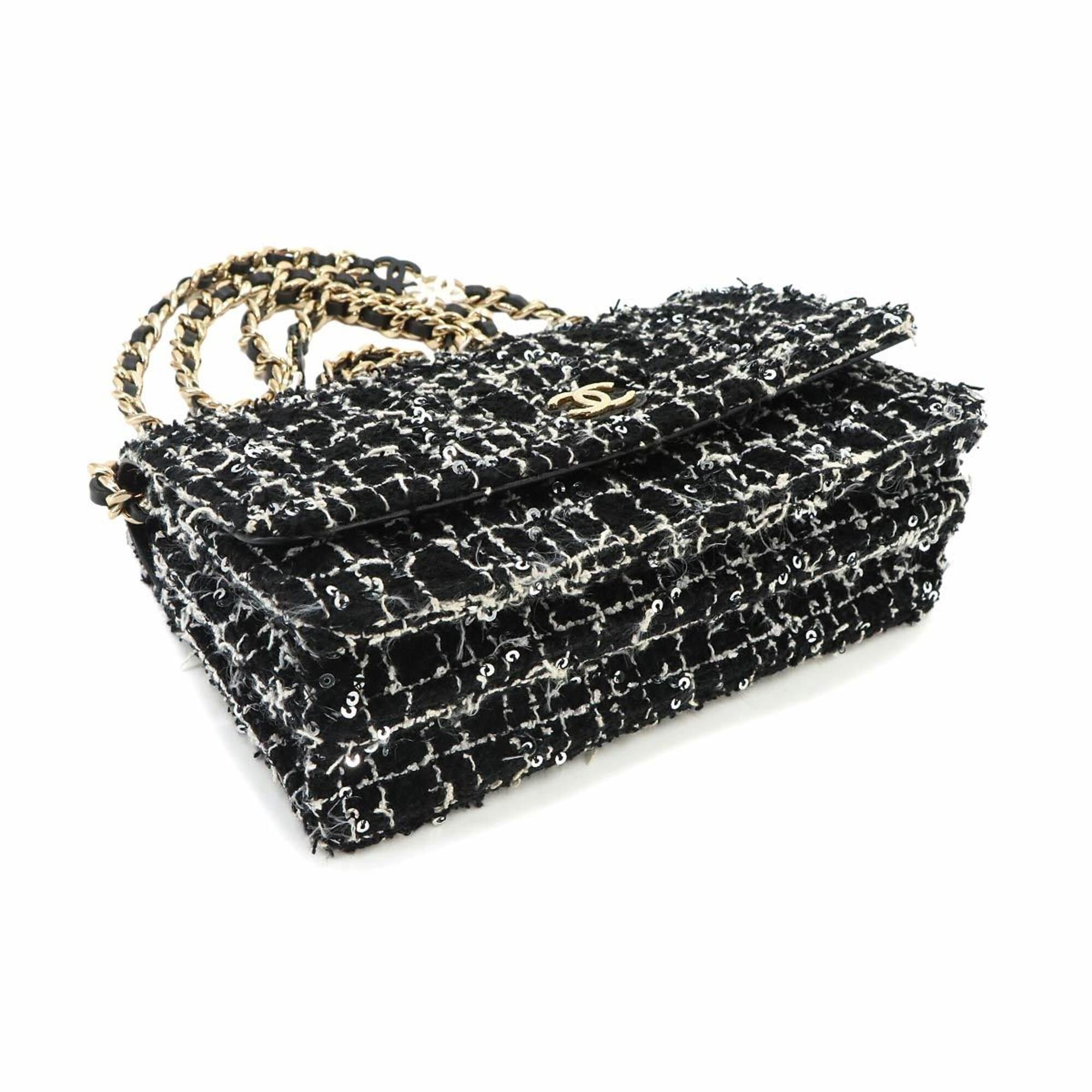 Chanel Matelasse Black White Tweed Leather Chain/Shoulder Wallet (Pre-Owned)