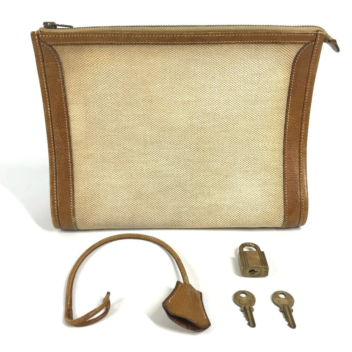 Hermes Beige Brown Leather Canvas Boston Bag Shoulder Bag Vanity Bag (Pre-Owned)