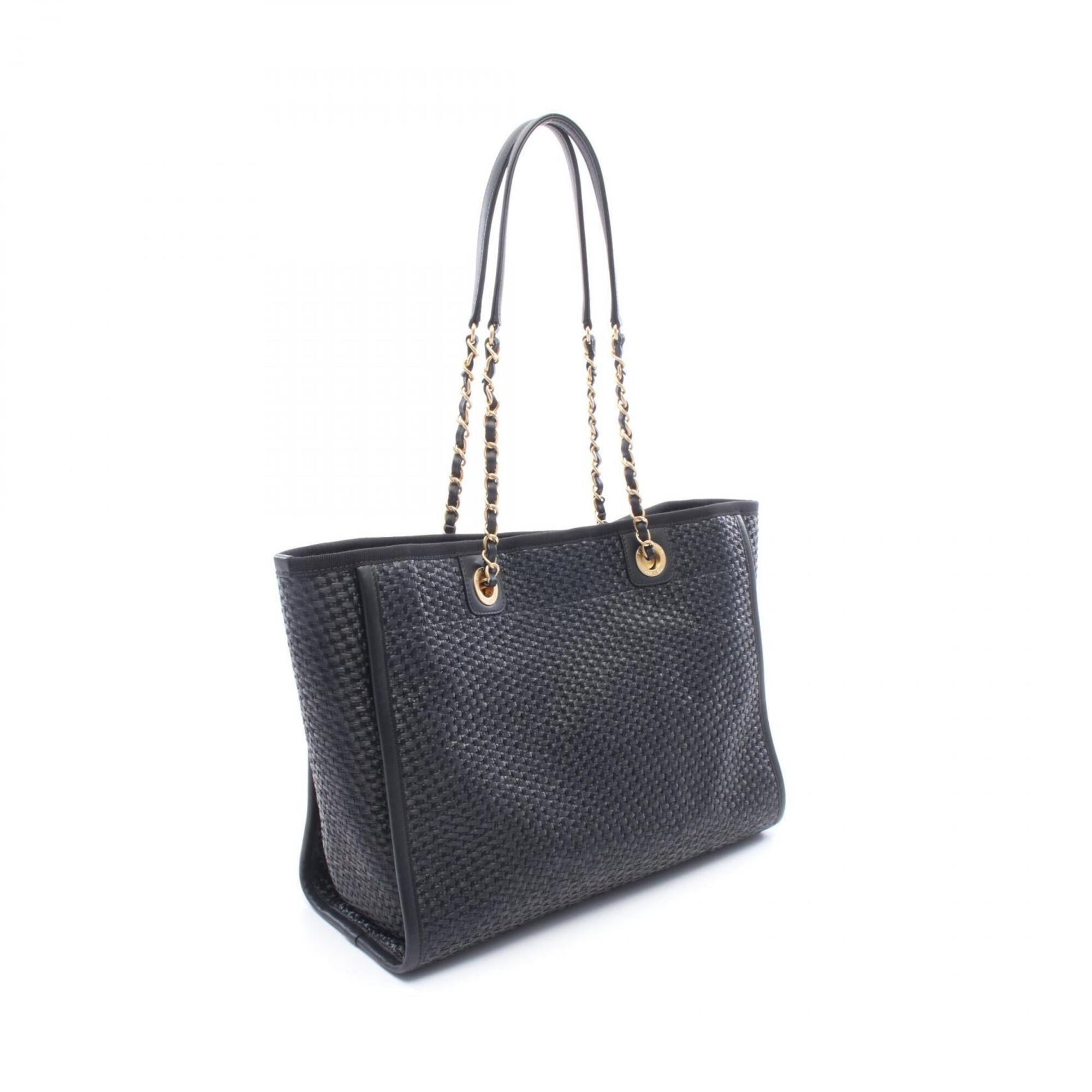 Chanel Black Leather Straw Handbag Tote Bag (Pre-Owned)