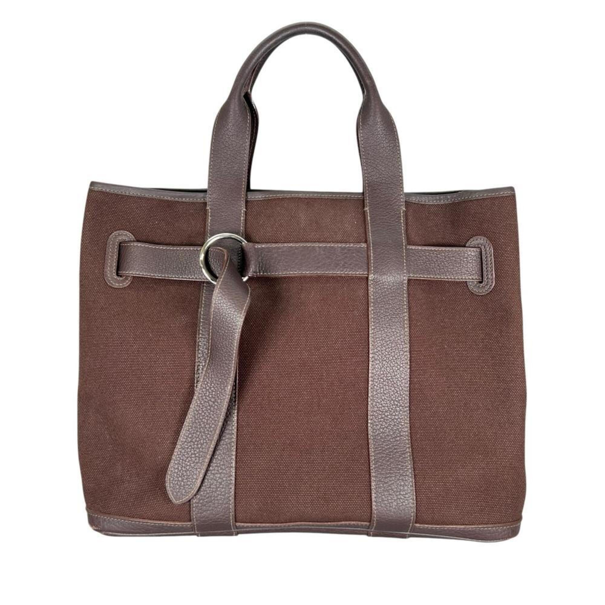 Hermes Brown Canvas Leather Tote Bag (Pre-Owned)