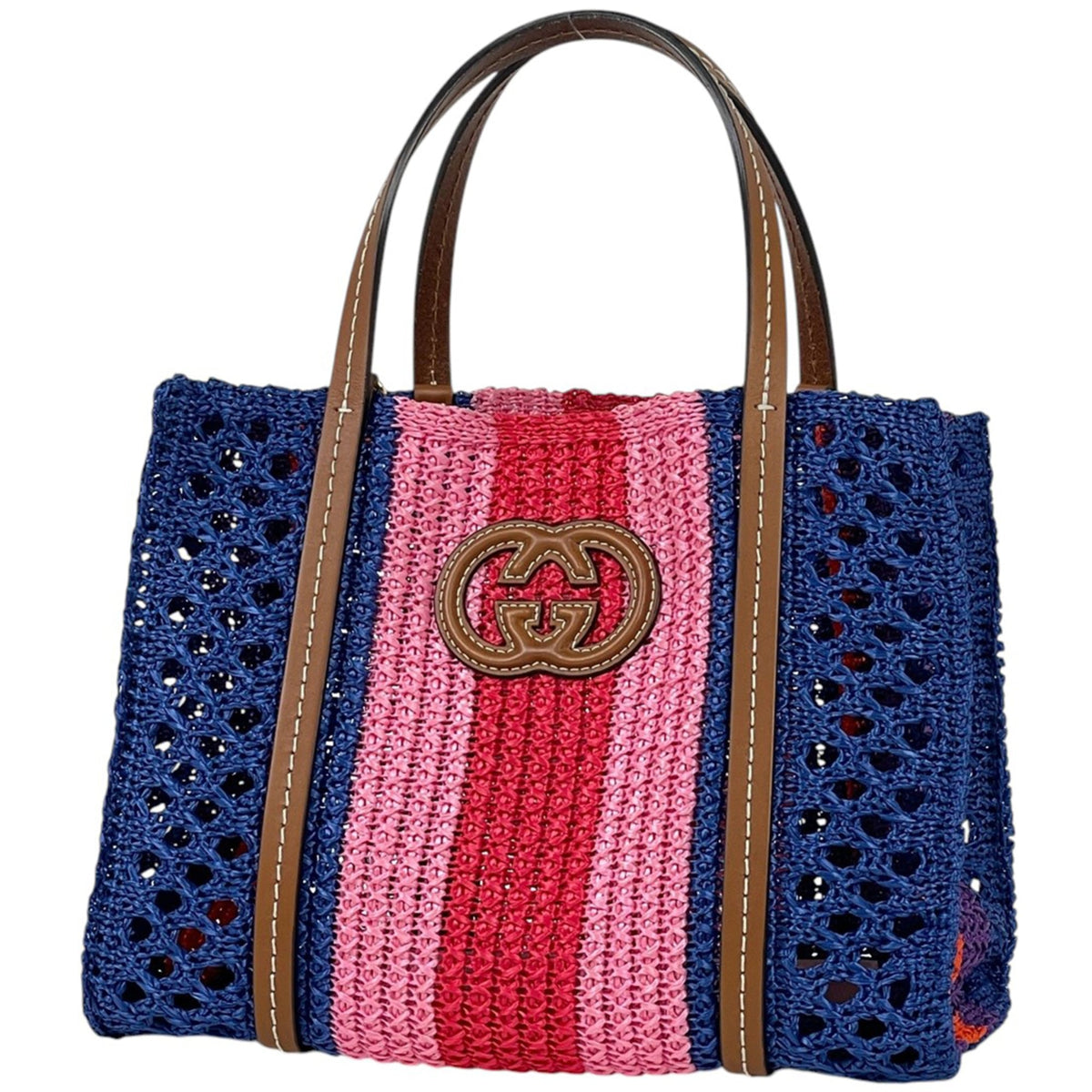 Gucci Brown Multi-Color Raffia Leather Handbag (Pre-Owned)