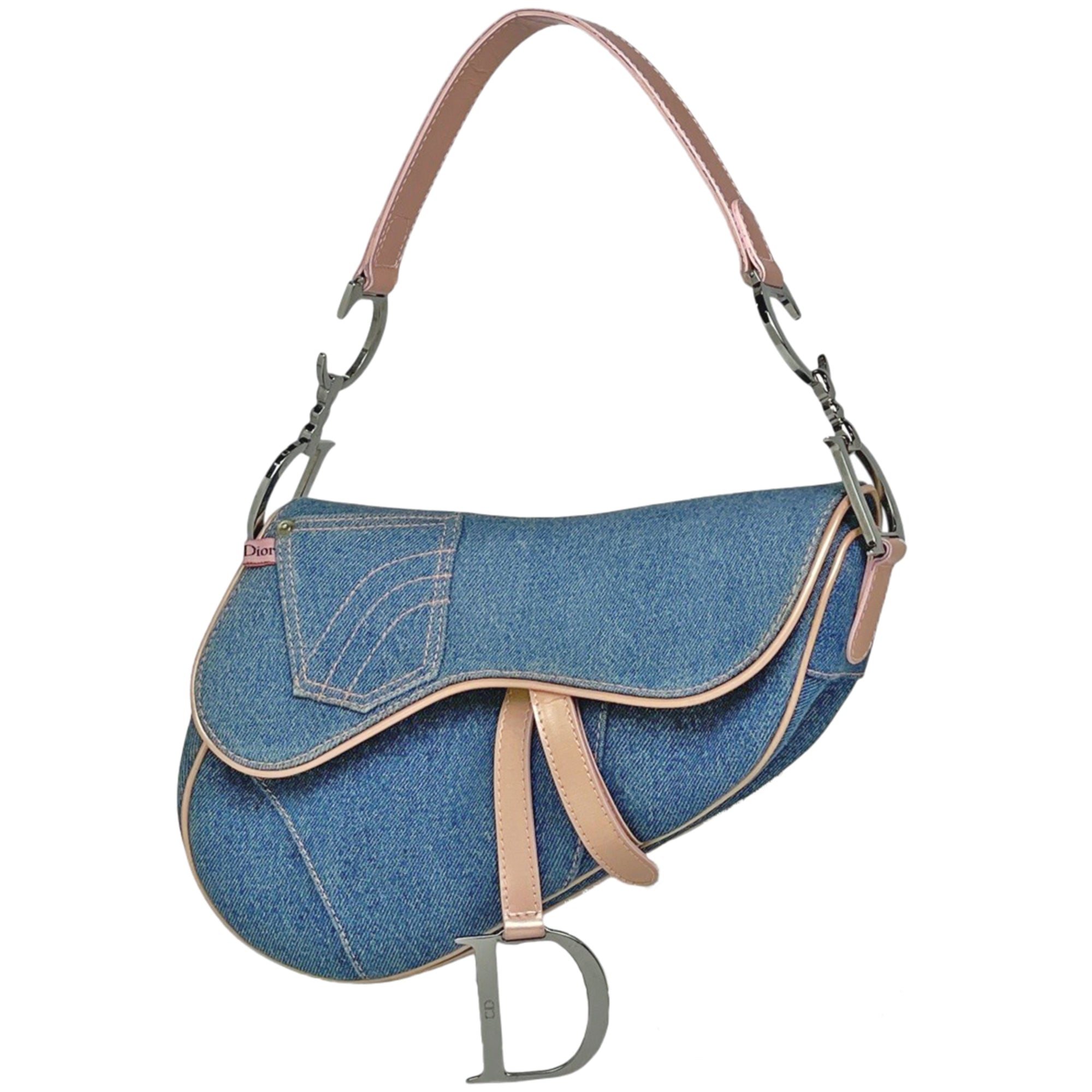 Christian Dior Blue Pink Denim Leather Saddle Bag (Pre-Owned)