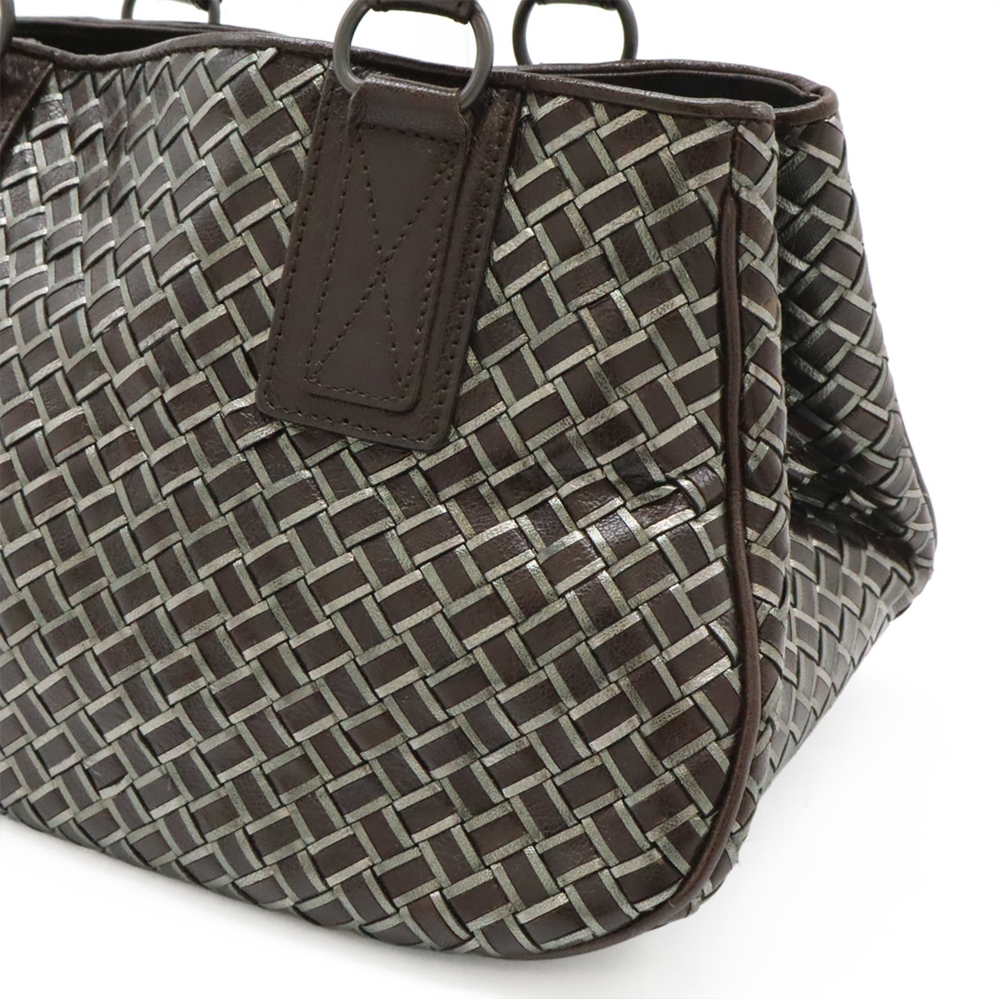 Bottega Veneta Intrecciato Dark Brown Silver Leather Handbag (Pre-Owned)