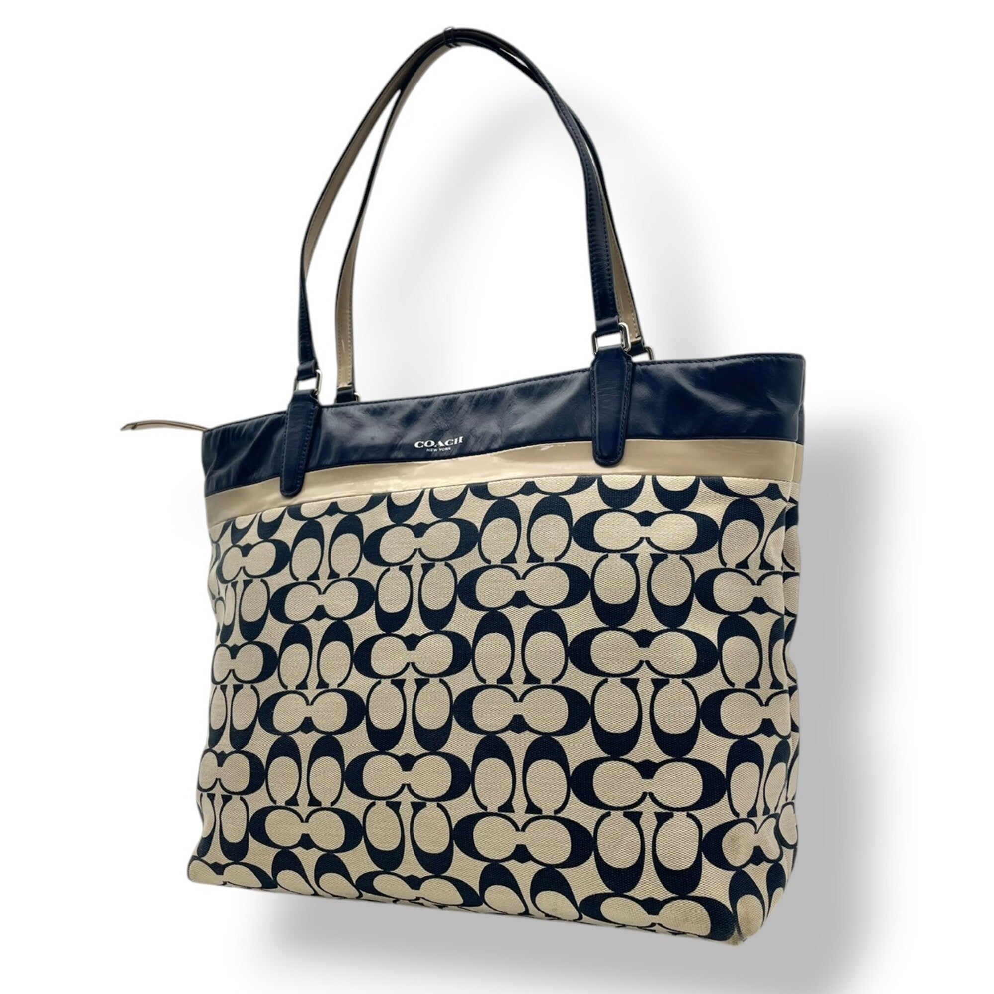 Coach Beige Navy Canvas Leather Handbag Tote Bag (Pre-Owned)