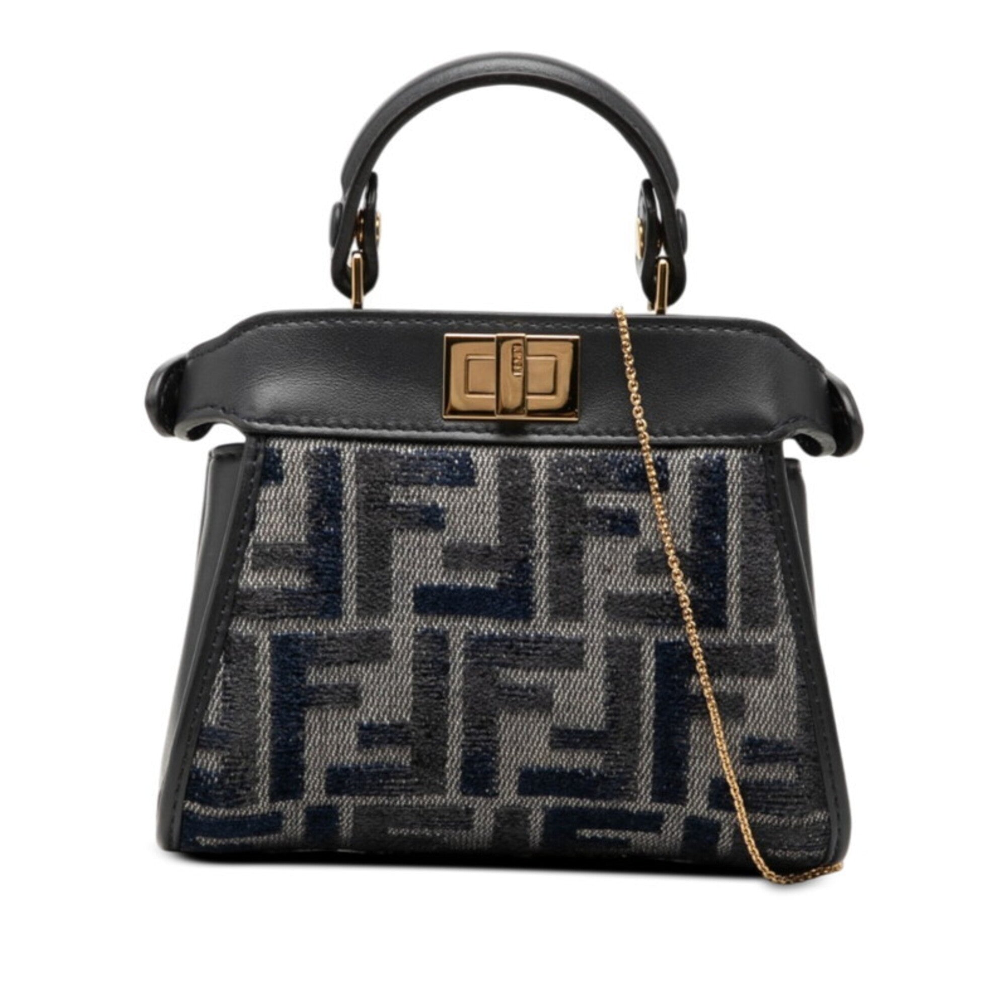 Fendi Navy Leather Canvas Handbag Shoulder Bag (Pre-Owned)