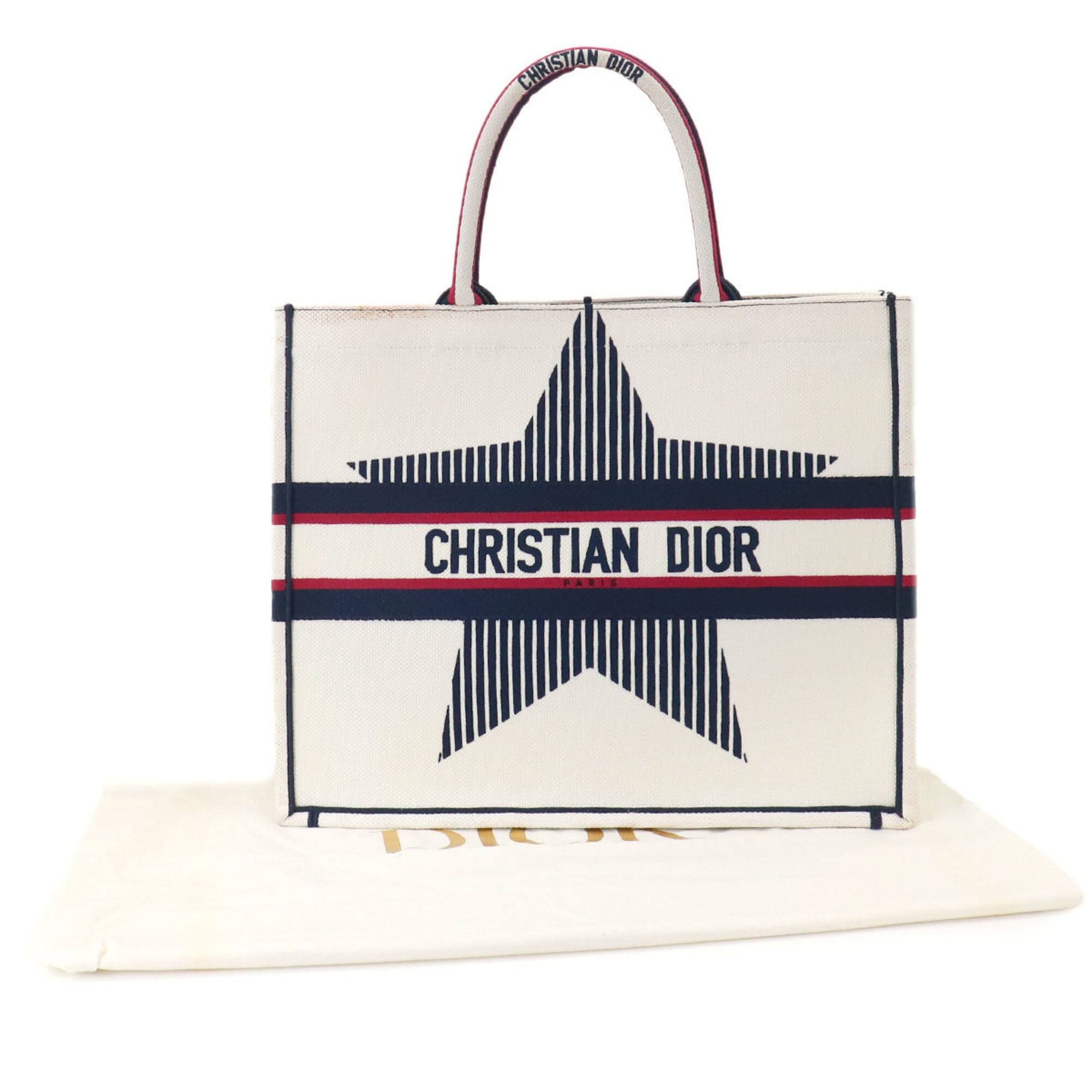 Christian Dior Navy Red Color White Canvas Handbag Tote Bag (Pre-Owned)