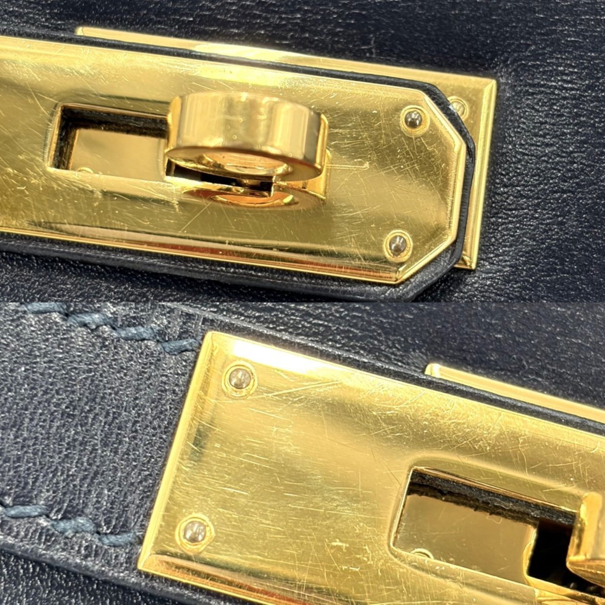 Hermes Kelly Navy Box Calf Leather Handbag Shoulder Bag (Pre-Owned)