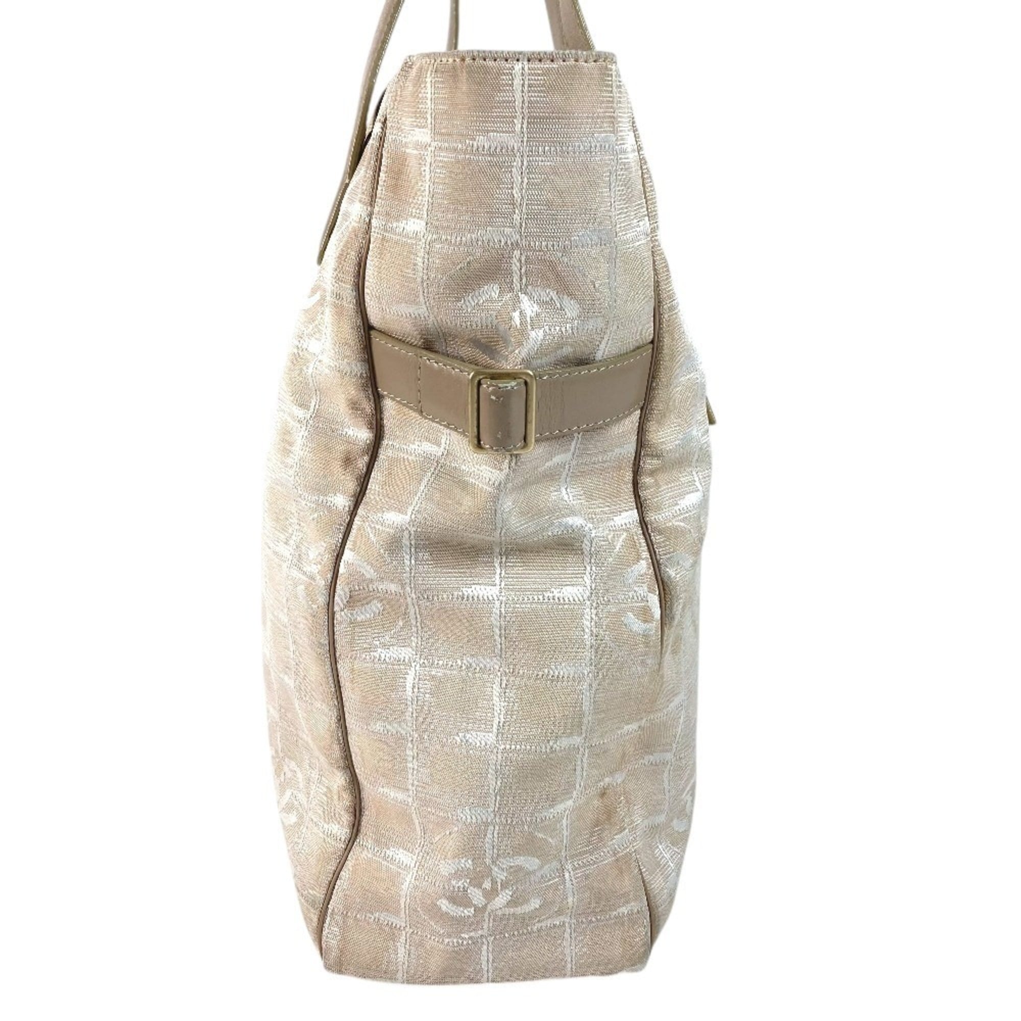 Chanel Beige Nylon Leather Shoulder Bag Tote Bag (Pre-Owned)