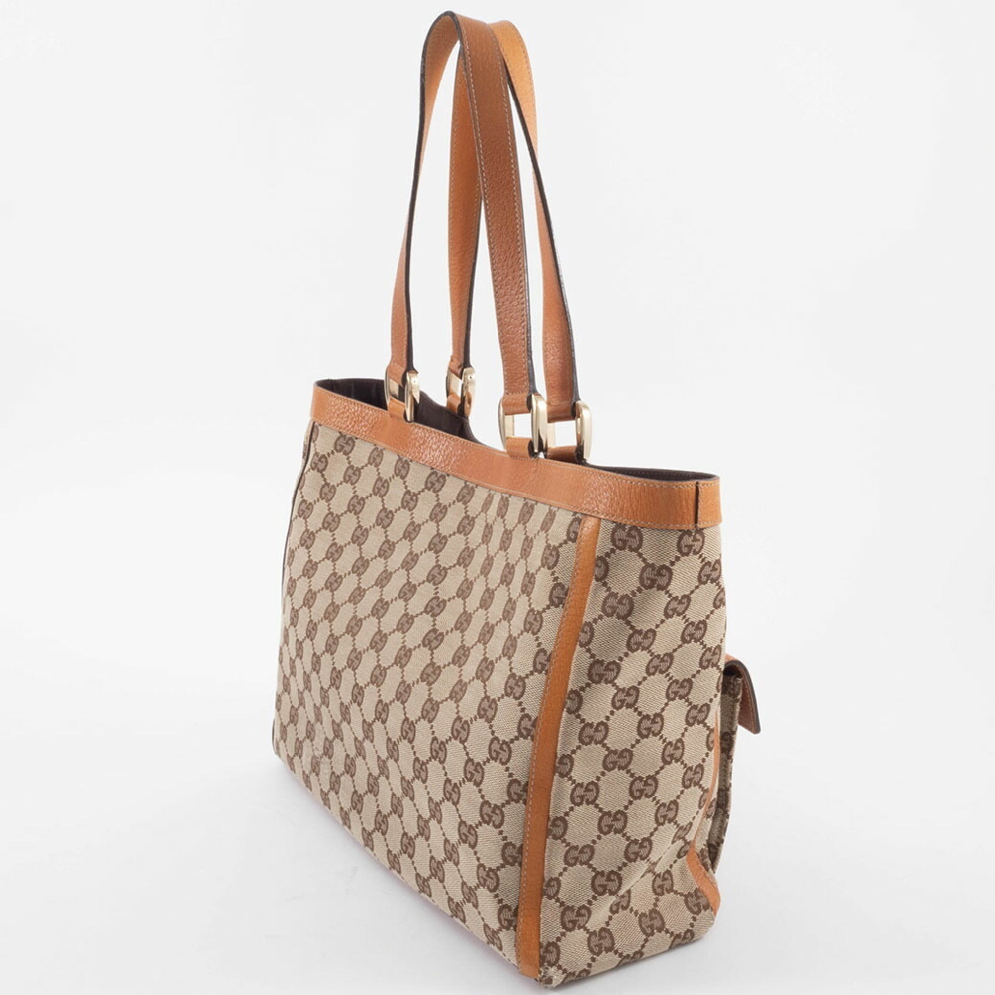 Gucci Abbey Beige Brown Gg Canvas Leather Tote Bag (Pre-Owned)