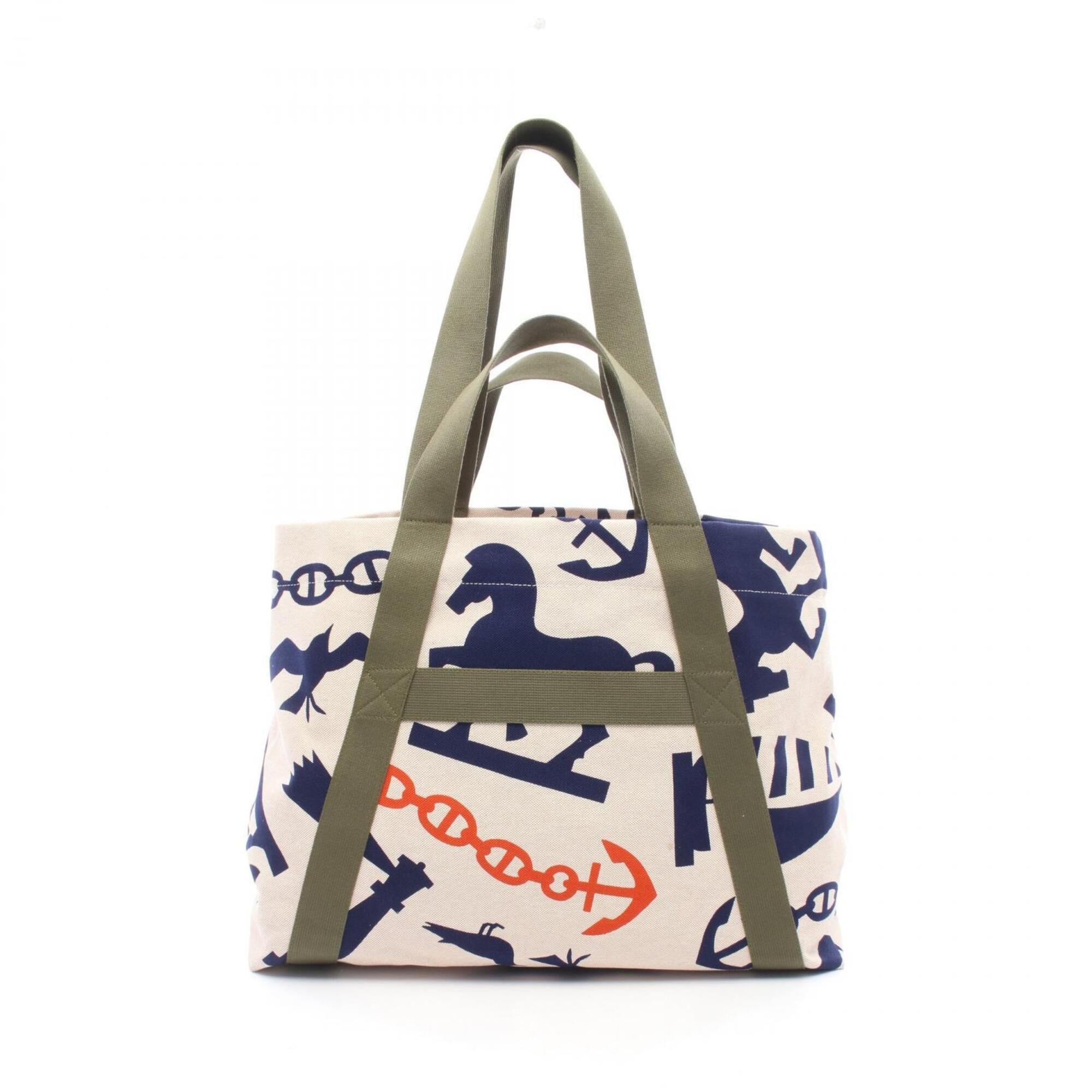 Hermes Beige Multi-Color Navy Canvas Beach Bag Handbag Tote Bag (Pre-Owned)