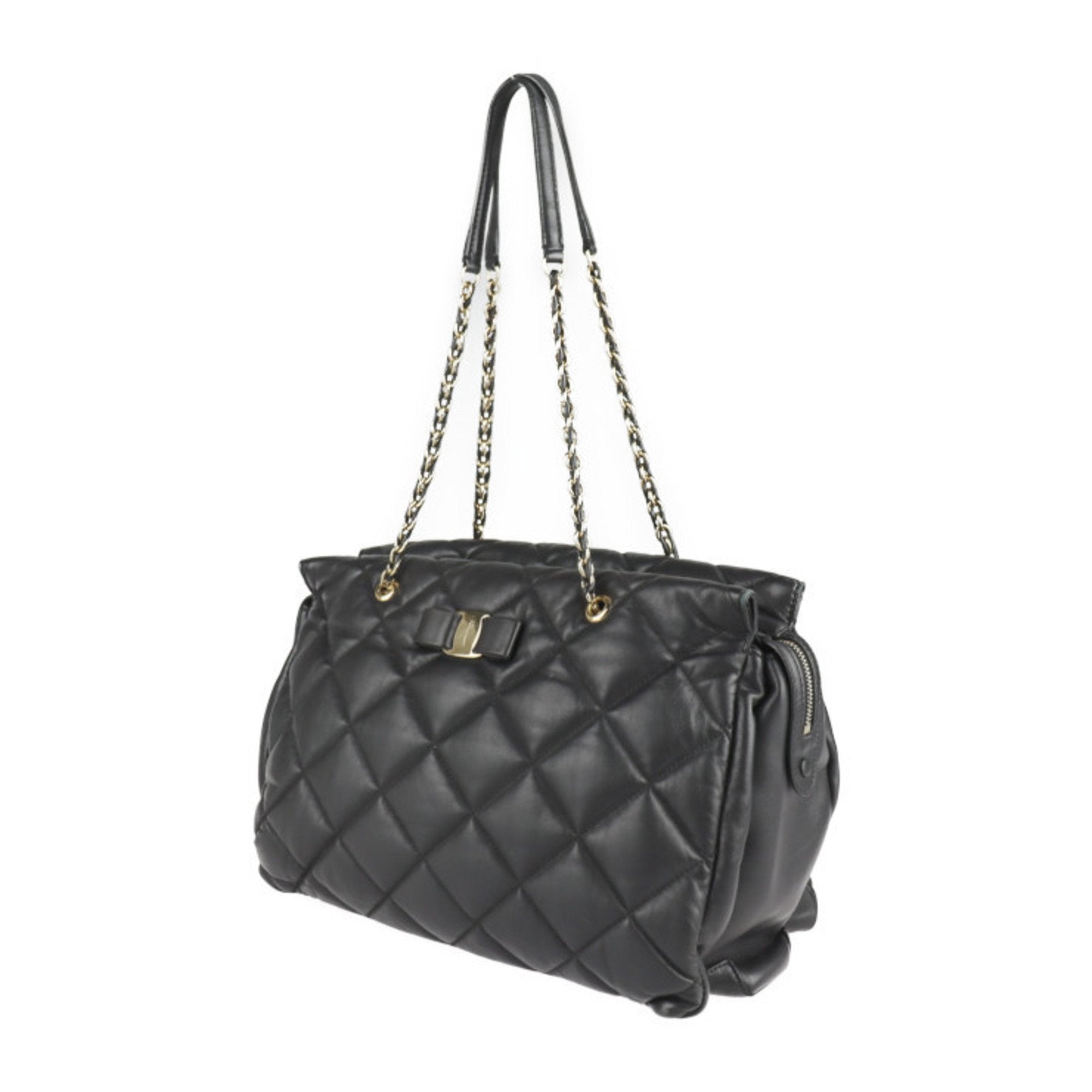 Salvatore Ferragamo Vara Black Leather Handbag Shopping Bag Shoulder Bag Tote Bag (Pre-Owned)