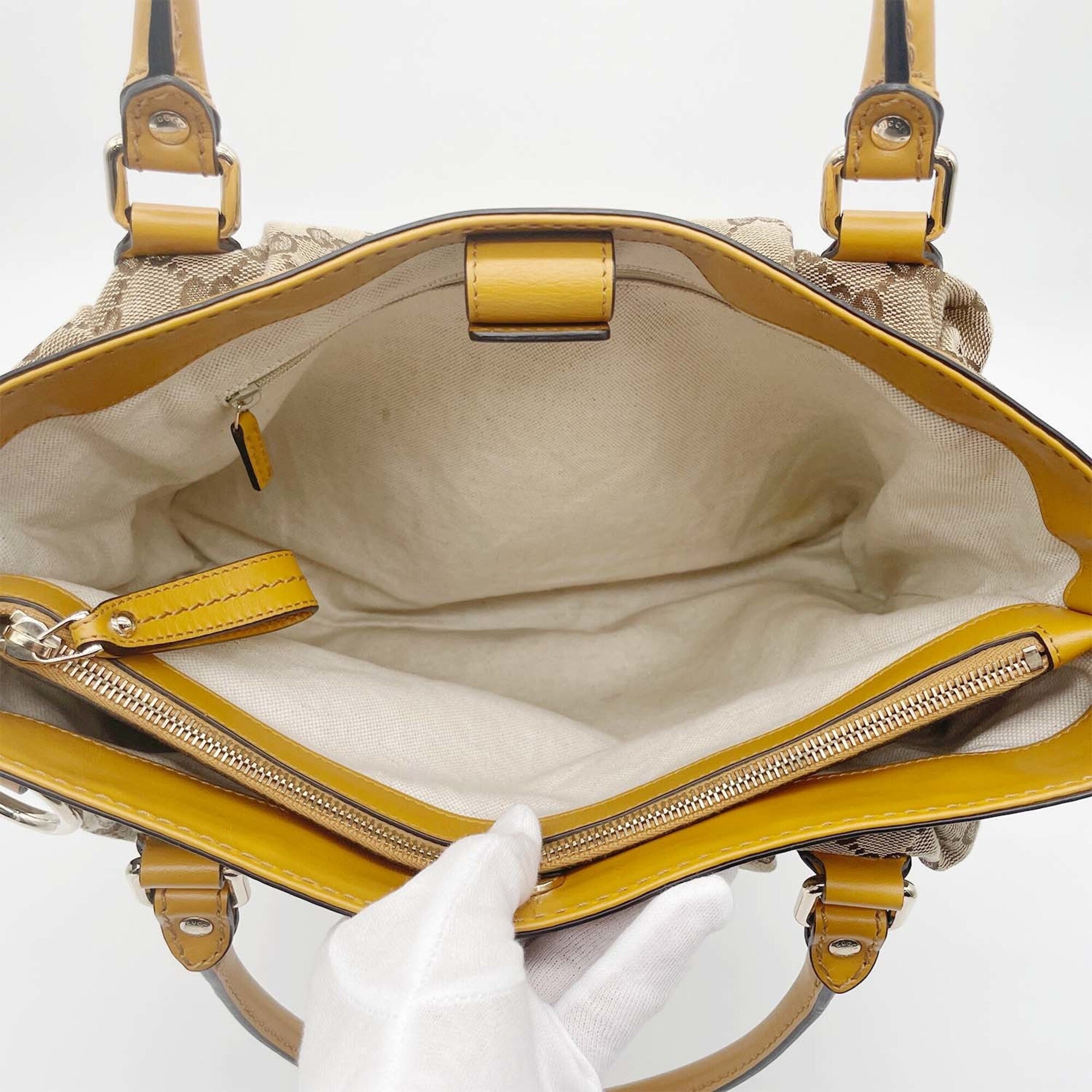 Gucci Brown Yellow Canvas Leather Handbag Tote Bag (Pre-Owned)