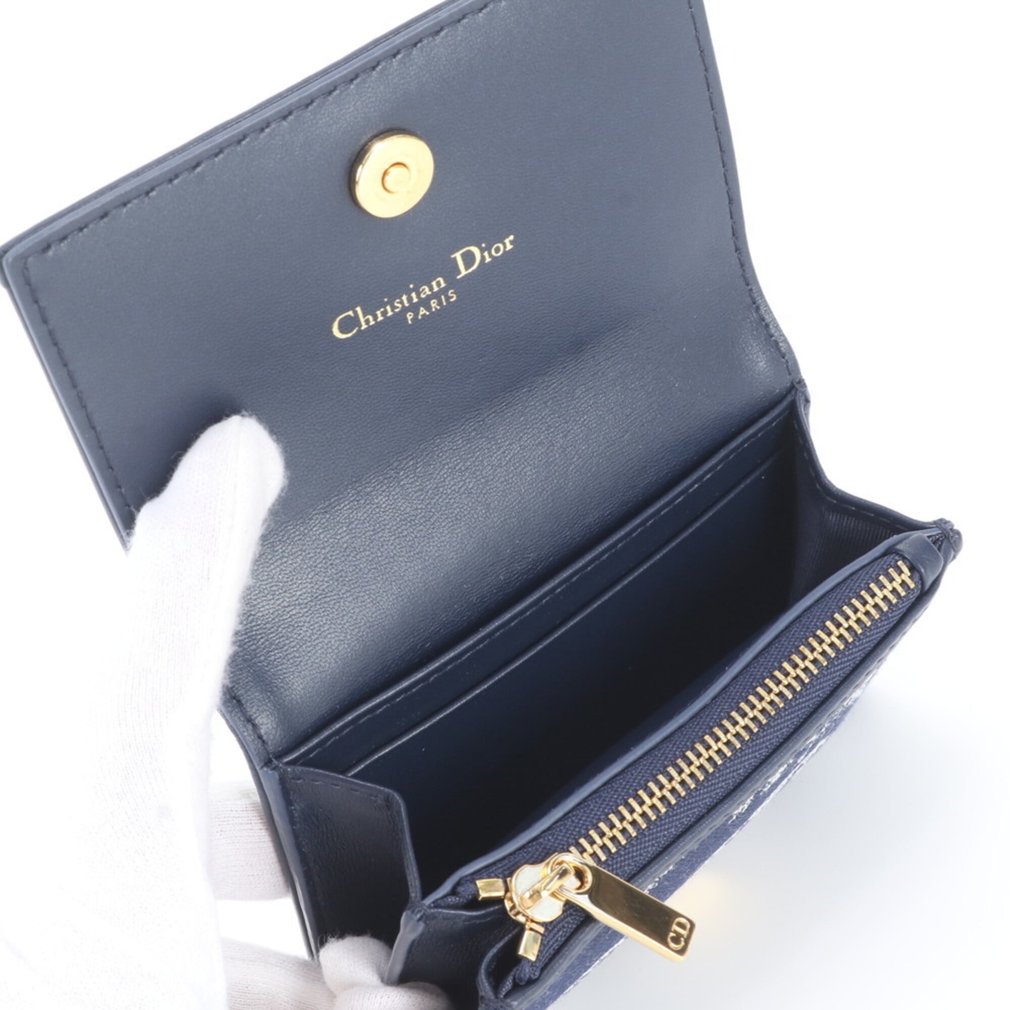 Christian Dior Navy White Leather Canvas Wallet (Tri-Fold) (Pre-Owned)