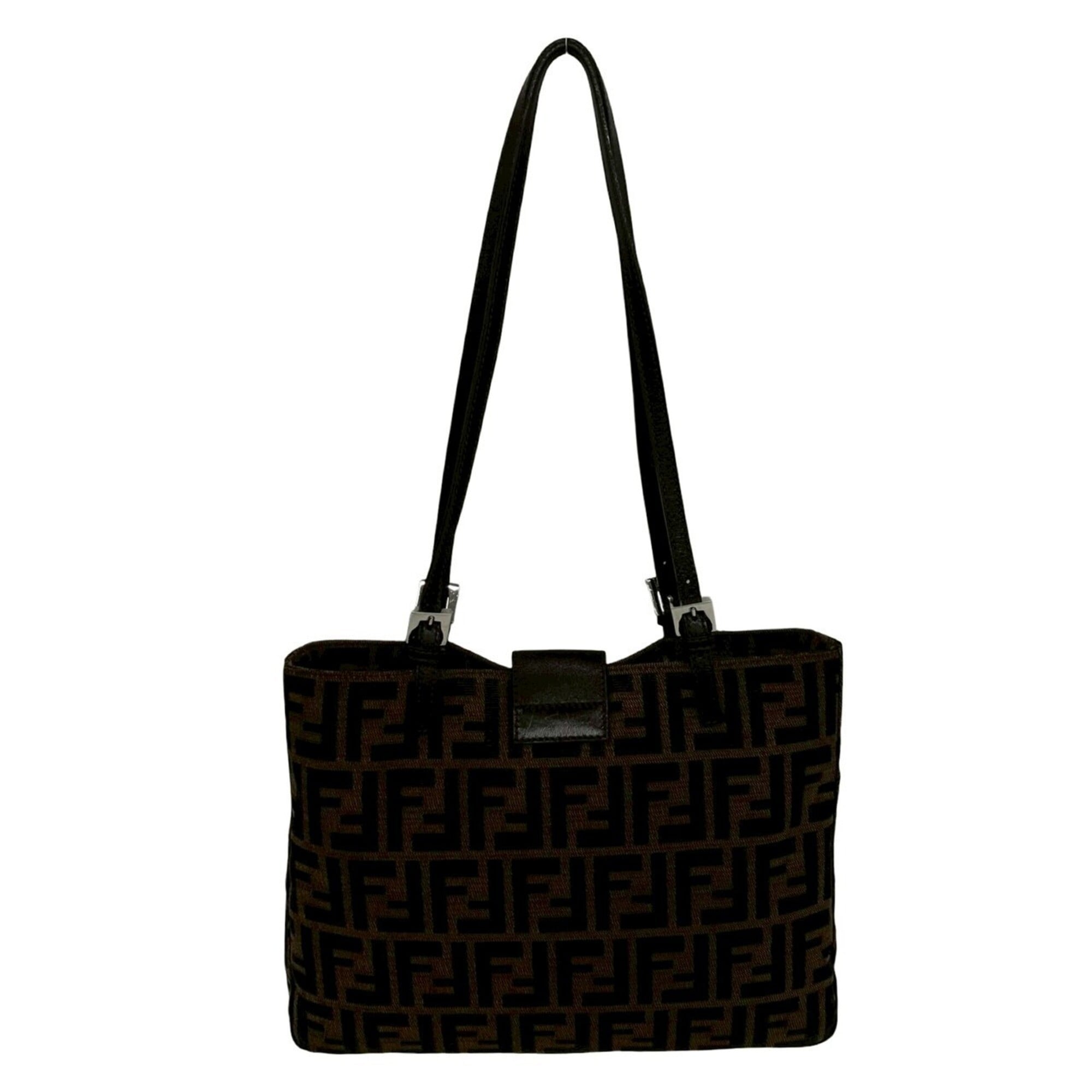 Fendi Black Brown Canvas Leather Shoulder Bag Tote Bag (Pre-Owned)
