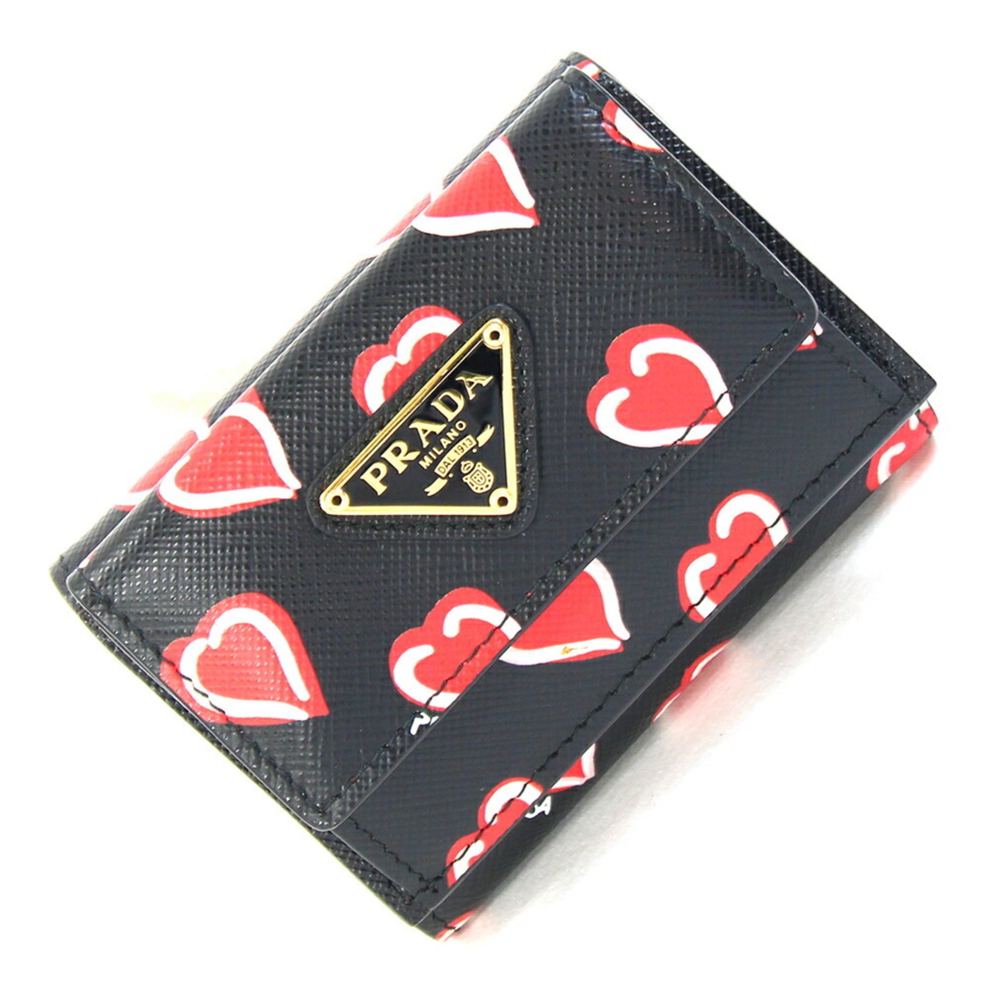 Prada Black Red Color Leather Wallet (Tri-Fold) (Pre-Owned)