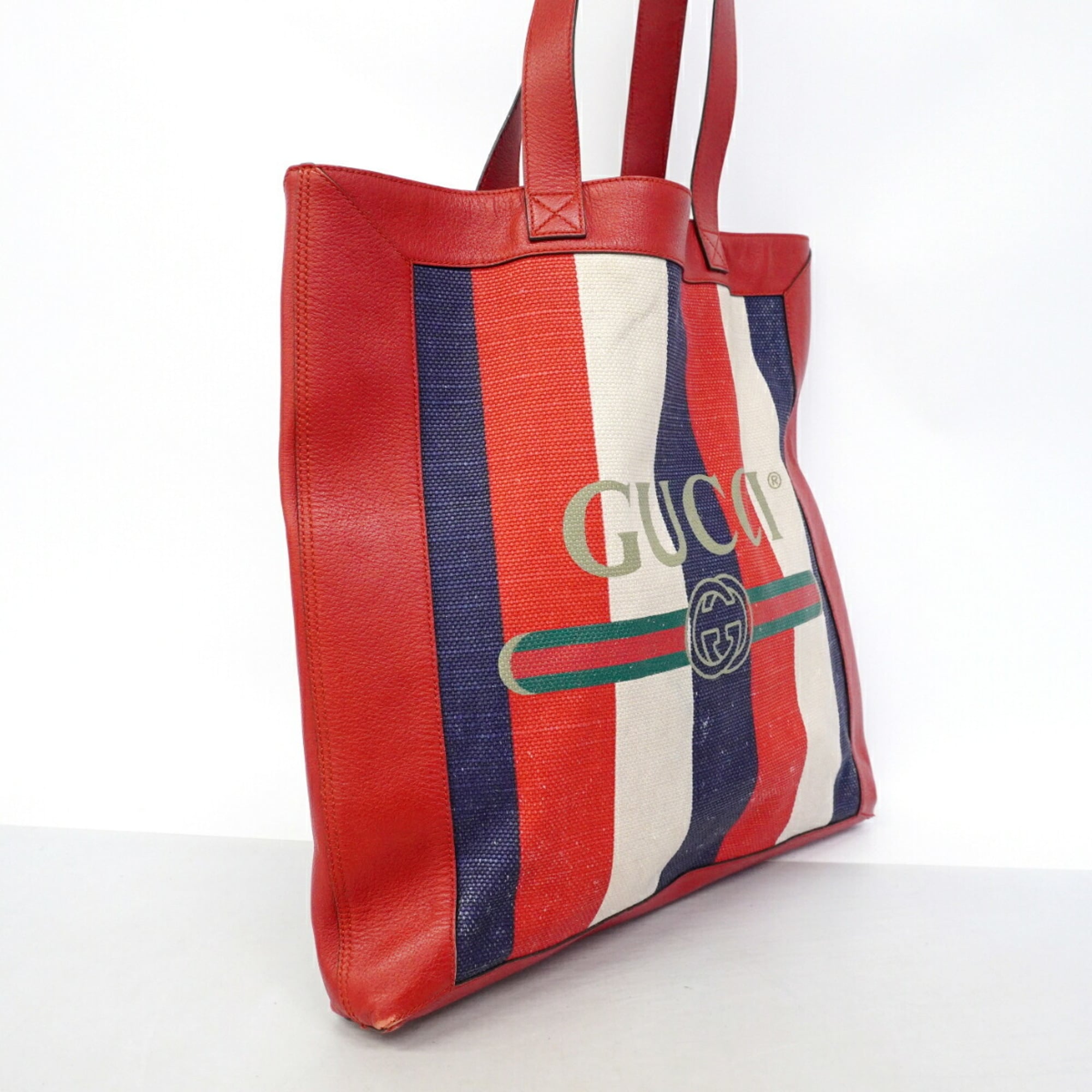 Gucci Navy Red Color Canvas Leather Tote Bag (Pre-Owned)