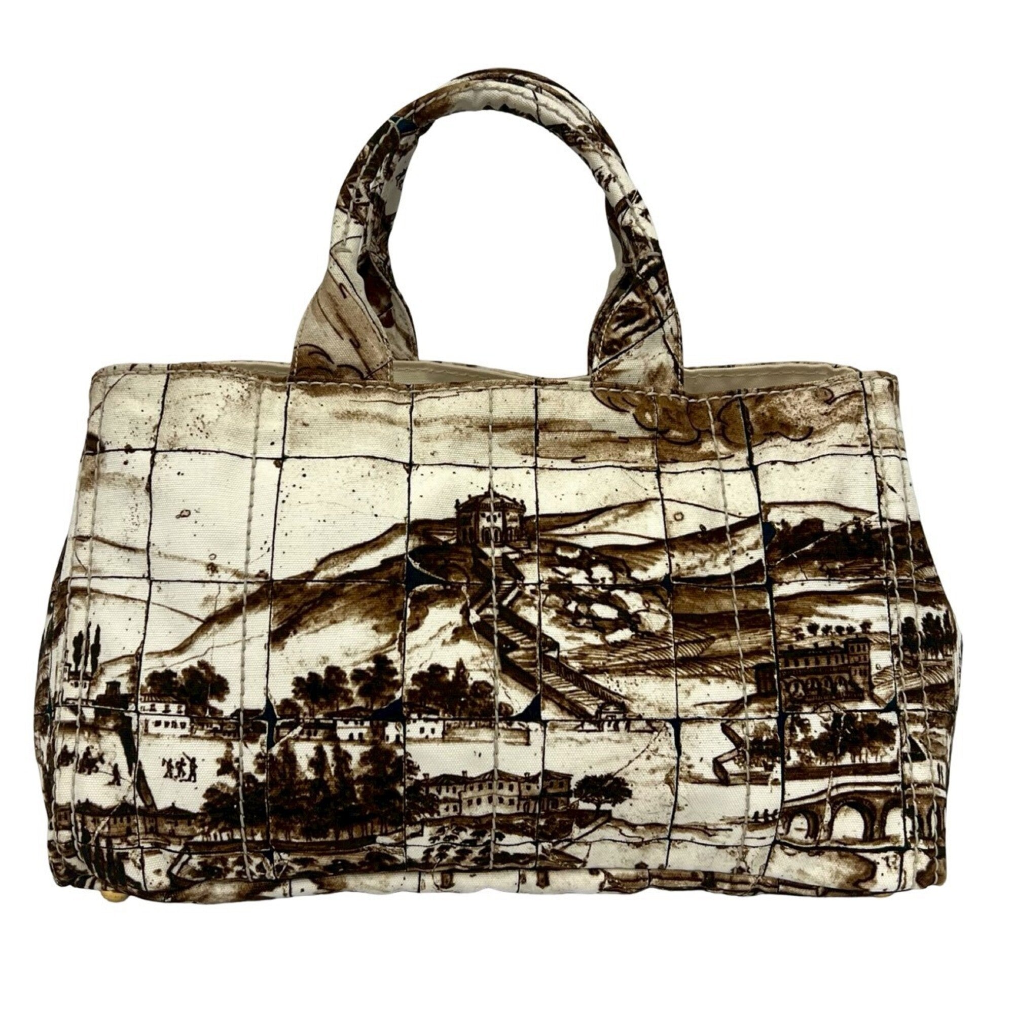 Prada Brown Ivory Canvas Boston Bag Tote Bag (Pre-Owned)