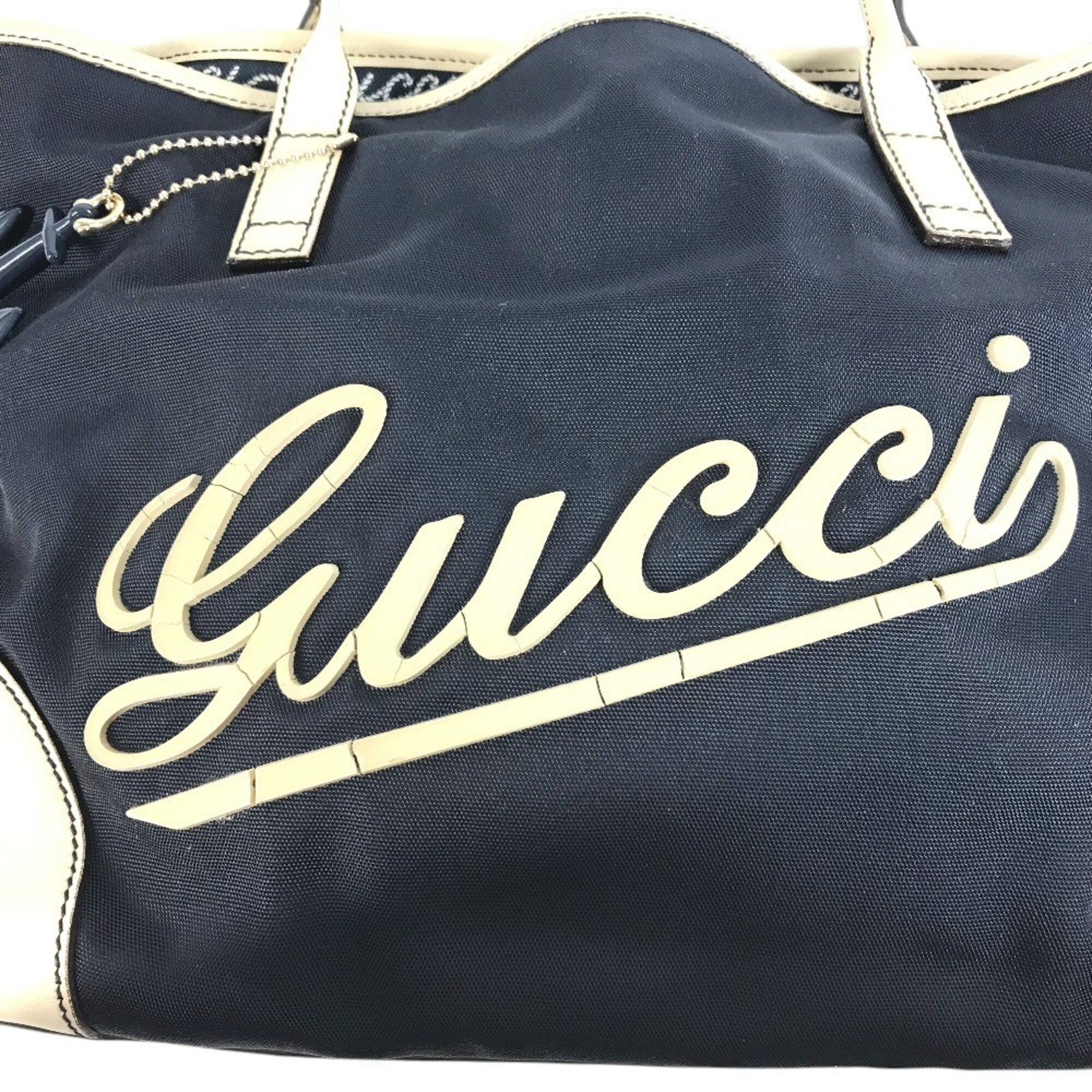 Gucci Gg Canvas Navy White Leather Canvas Handbag Shoulder Bag Tote Bag (Pre-Owned)