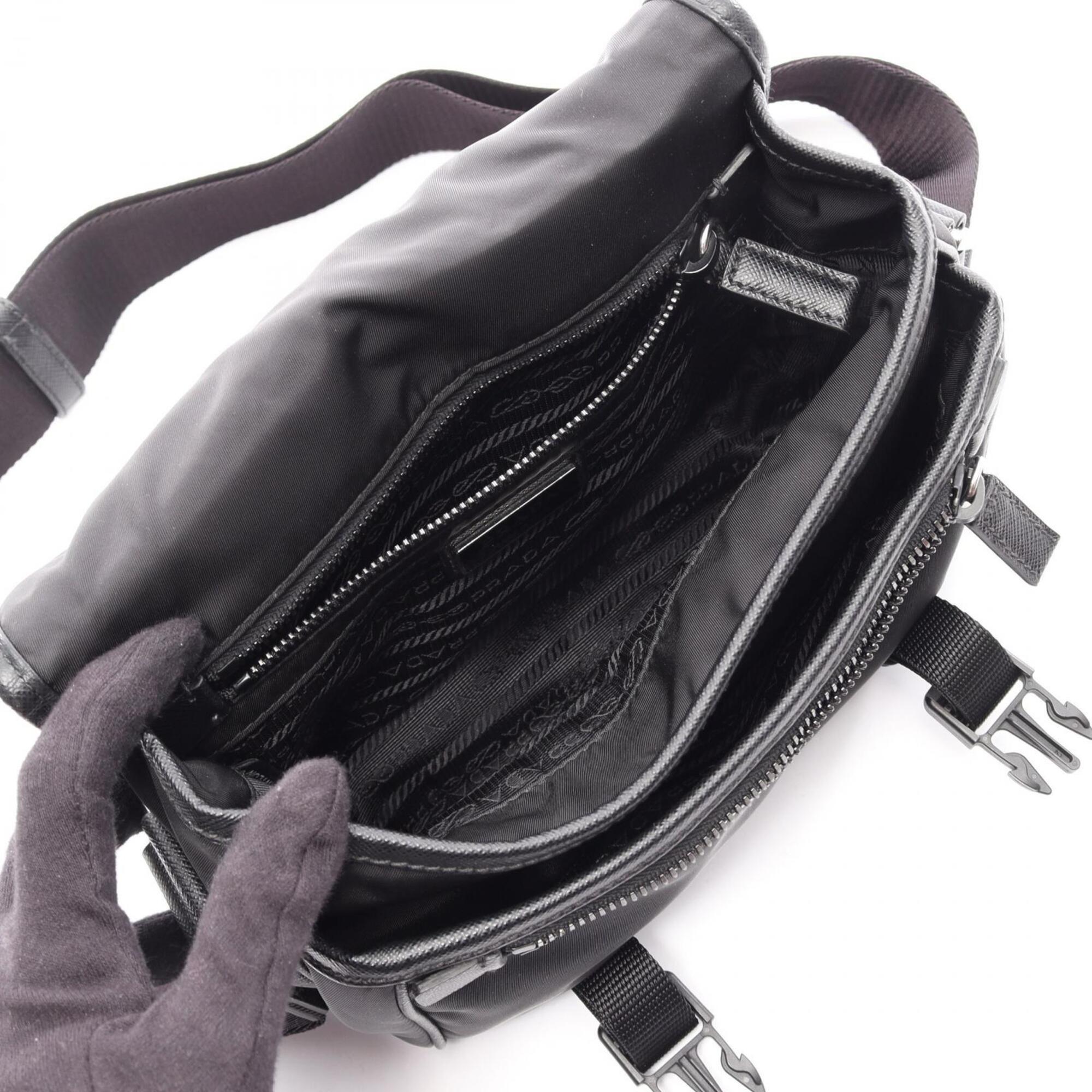 Prada Saffiano Black Nylon Leather Handbag Shoulder Bag (Pre-Owned)