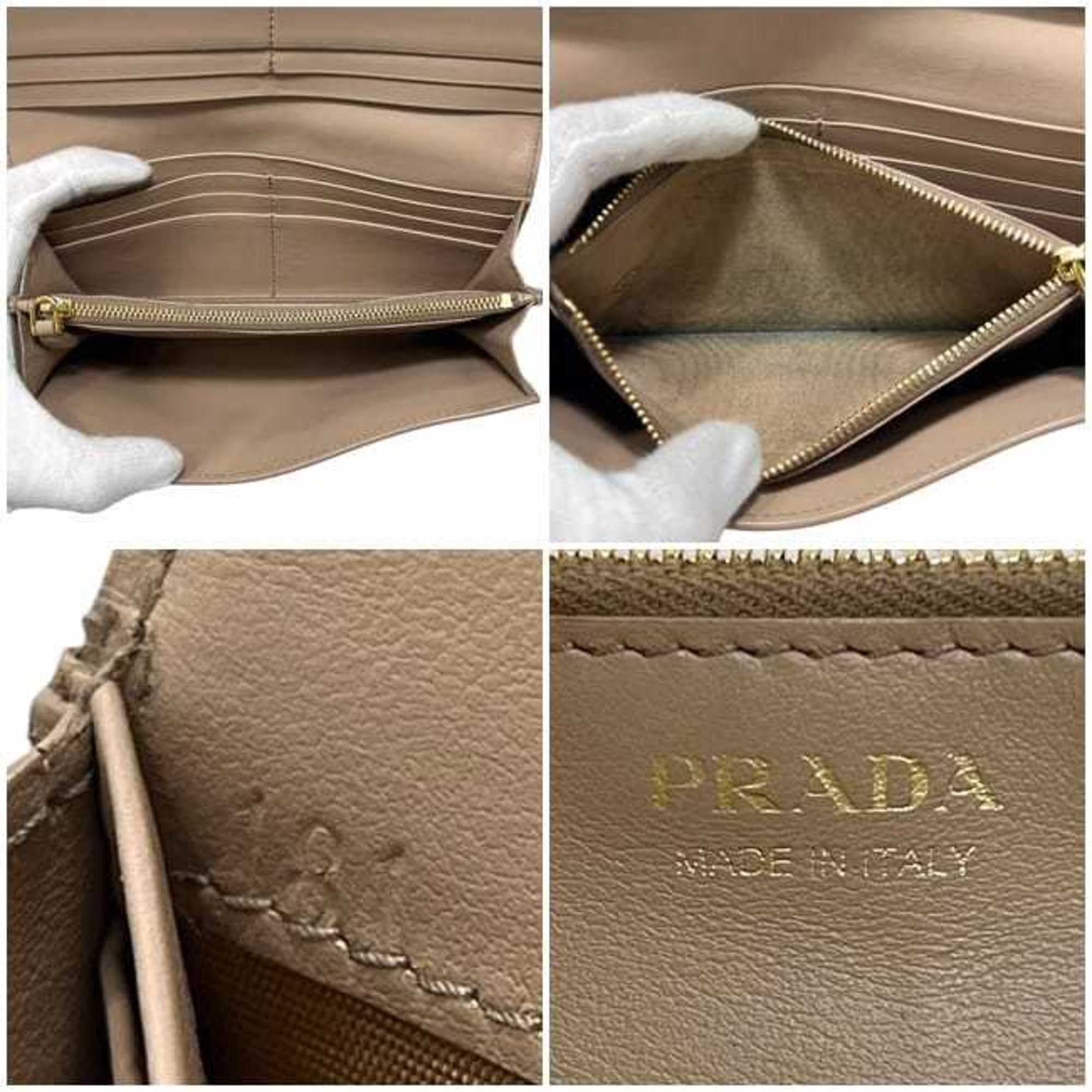 Prada Beige Leather Long Wallet (Bi-Fold) (Pre-Owned)