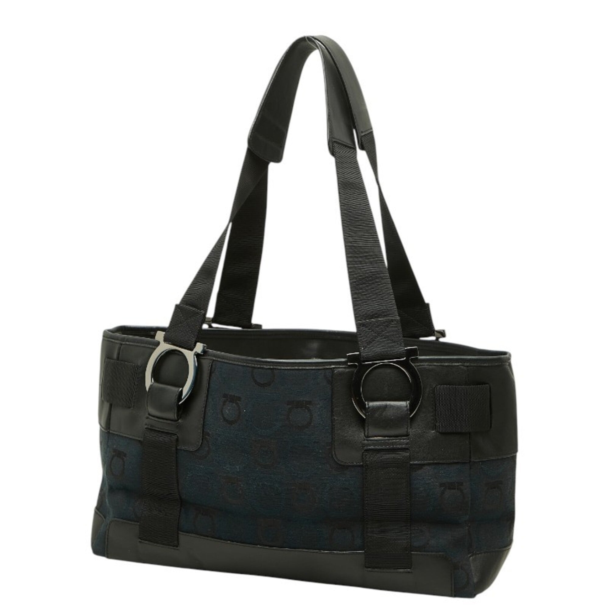 Salvatore Ferragamo Black Navy Canvas Handbag Tote Bag (Pre-Owned)