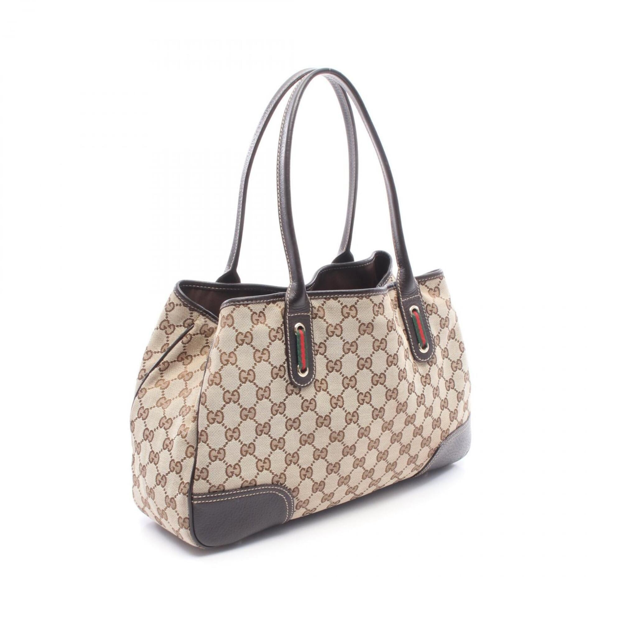 Gucci Beige Brown Canvas Leather Handbag Tote Bag (Pre-Owned)