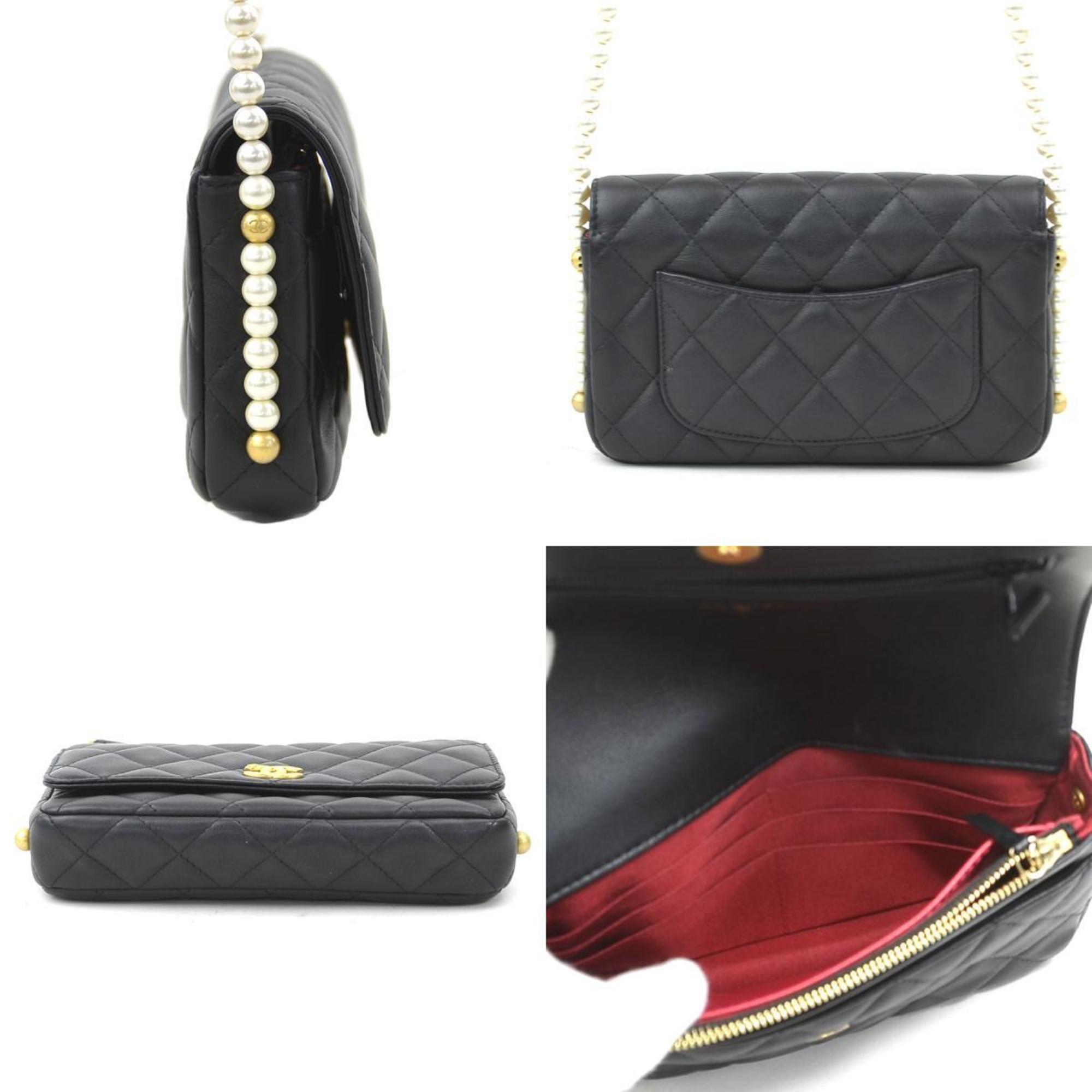 Chanel Black Artificial Pearl Leather Chain/Shoulder Wallet (Pre-Owned)